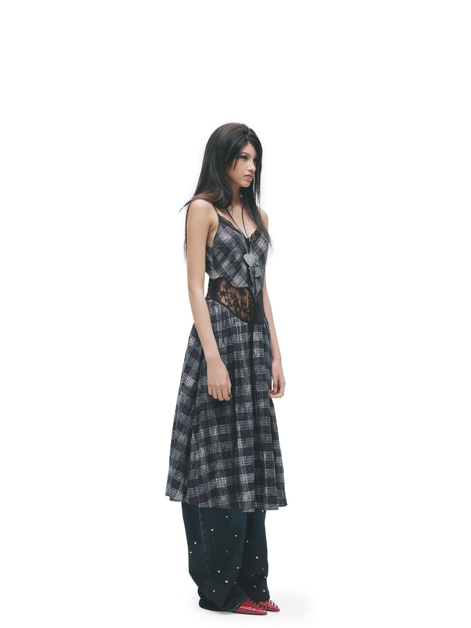24ans Cotton Stretch Vintage Halter Neck A Line Patchwork Plaid Slip Midi Dresses