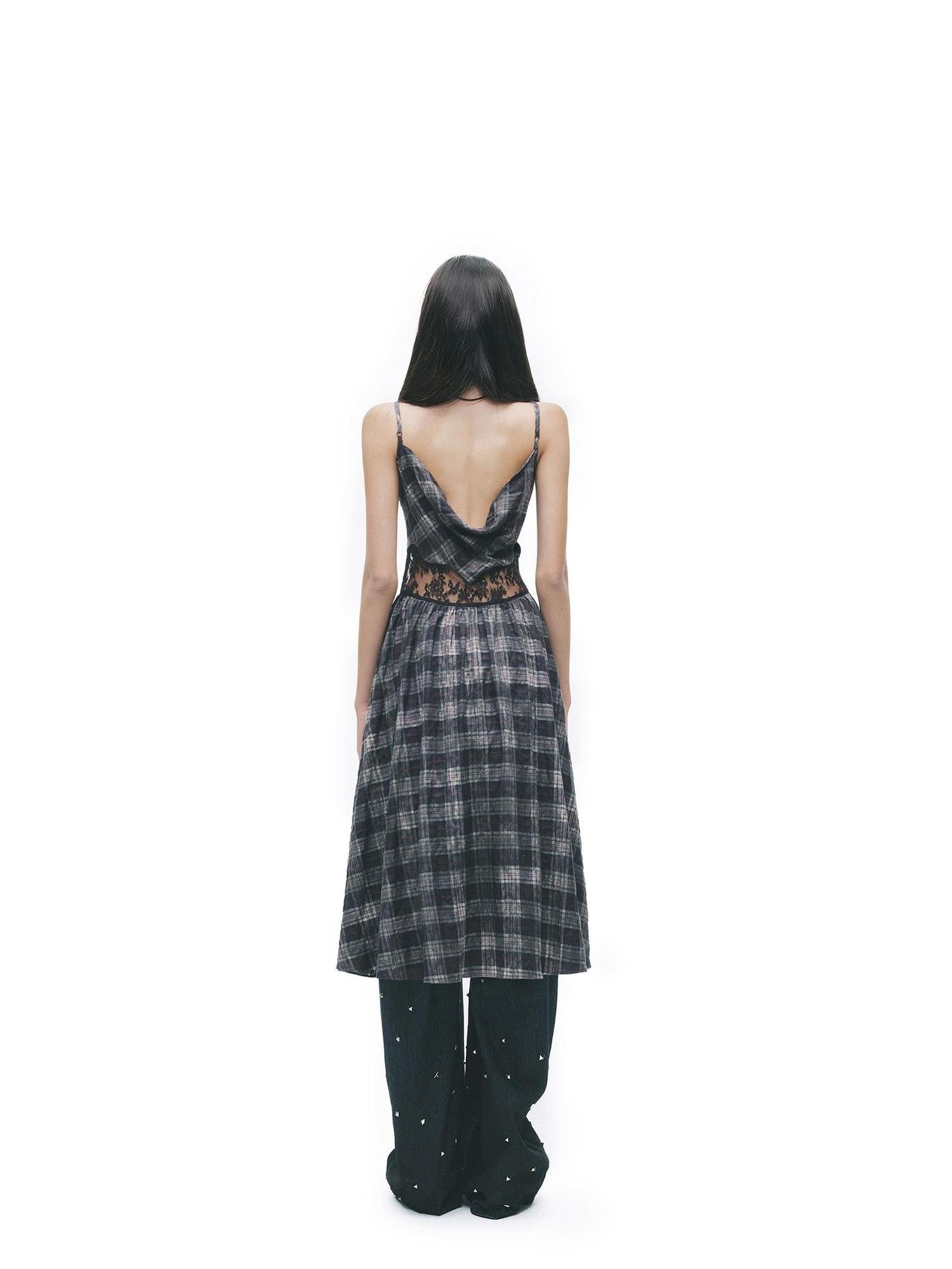 24ans Cotton Stretch Vintage Halter Neck A Line Patchwork Plaid Slip Midi Dresses