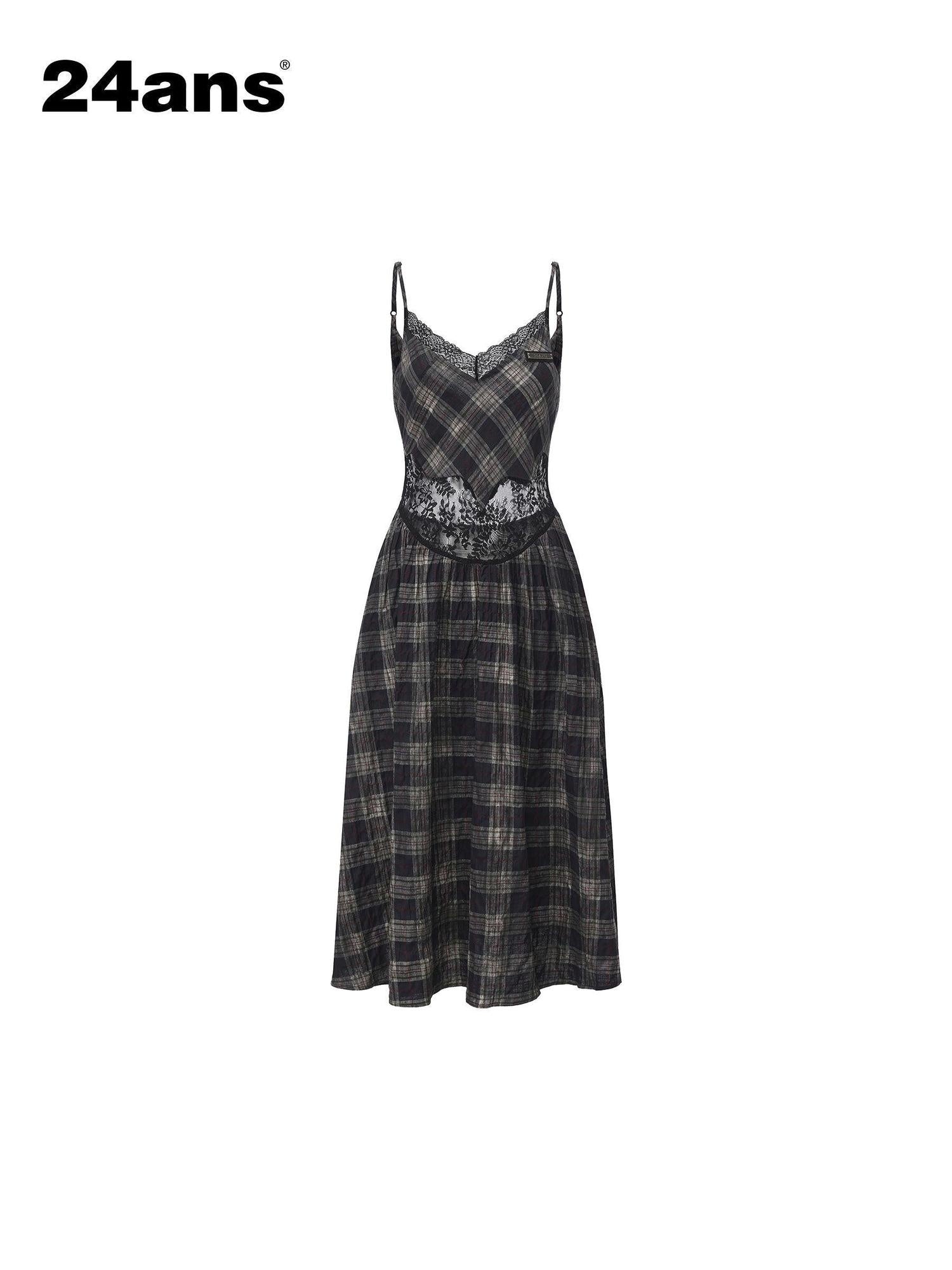 24ans Cotton Stretch Vintage Halter Neck A Line Patchwork Plaid Slip Midi Dresses
