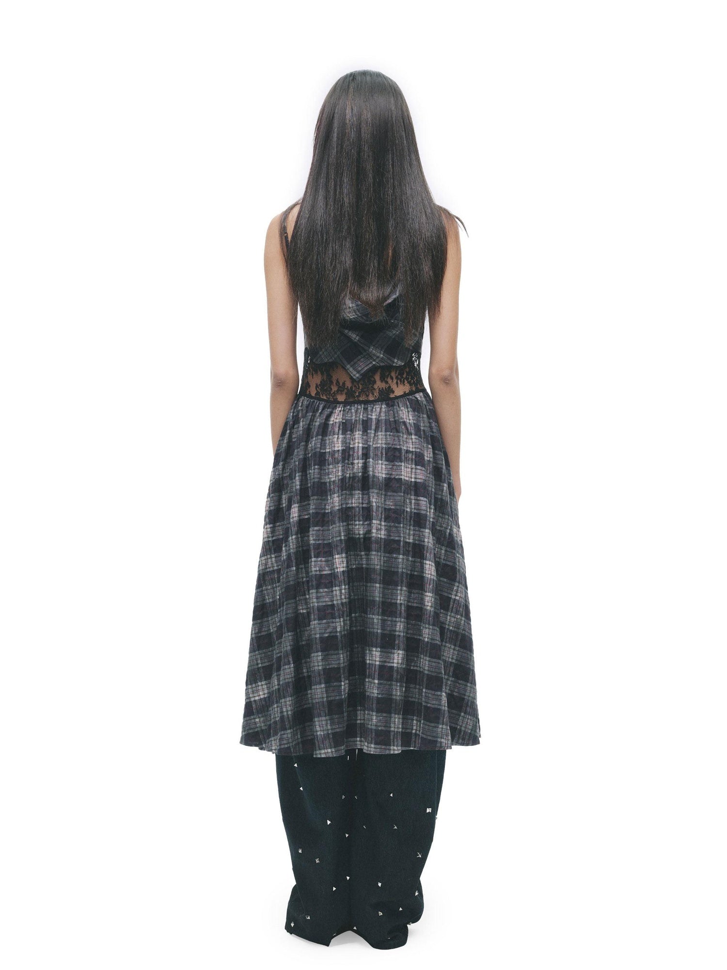 24ans Cotton Stretch Vintage Halter Neck A Line Patchwork Plaid Slip Midi Dresses