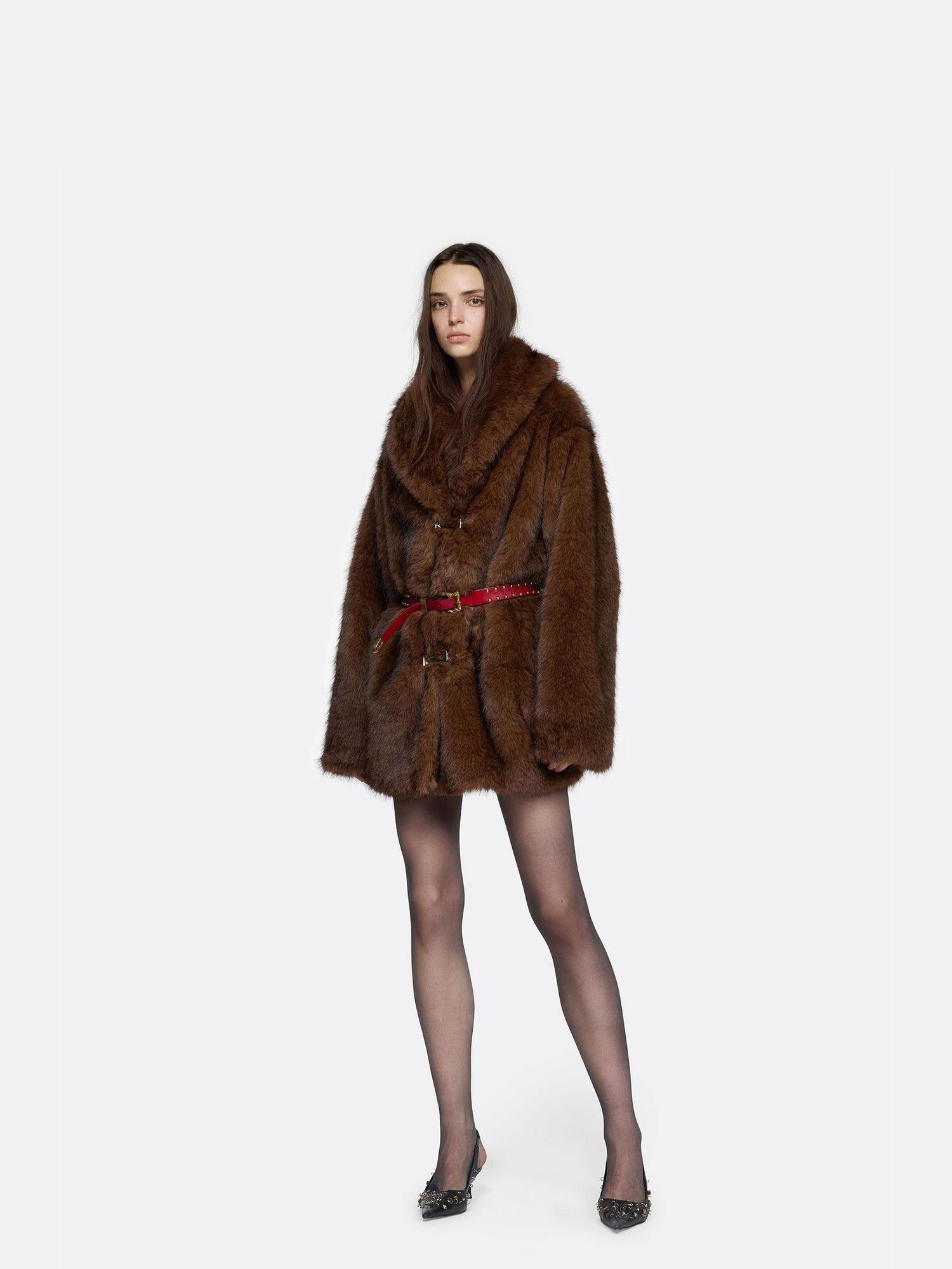 24ans Cozy Faux Fur Trim Oversized Punk Mid Length Long Sleeve Women Dark Gray Jacket