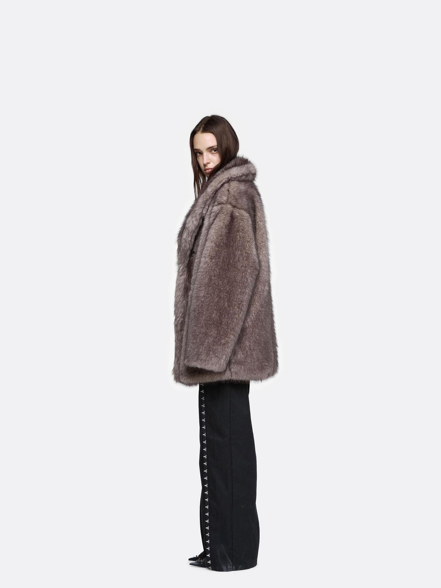 24ans Cozy Faux Fur Trim Oversized Punk Mid Length Long Sleeve Women Dark Gray Jacket