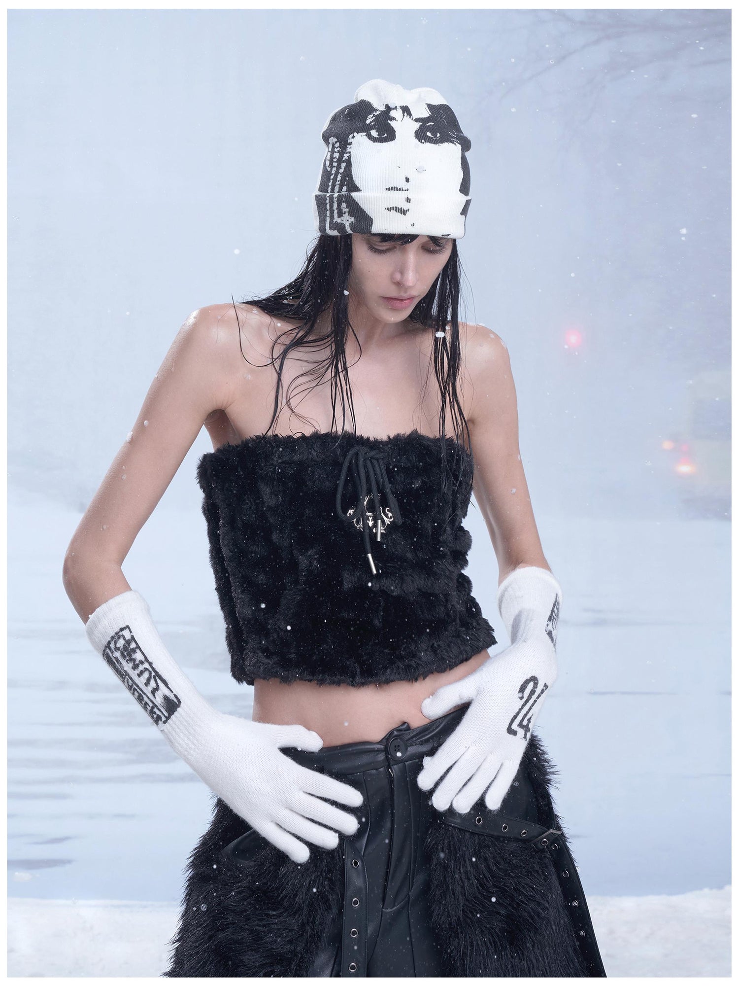24ans Custom Print Gloves Black White Acrylic Polyester Blend