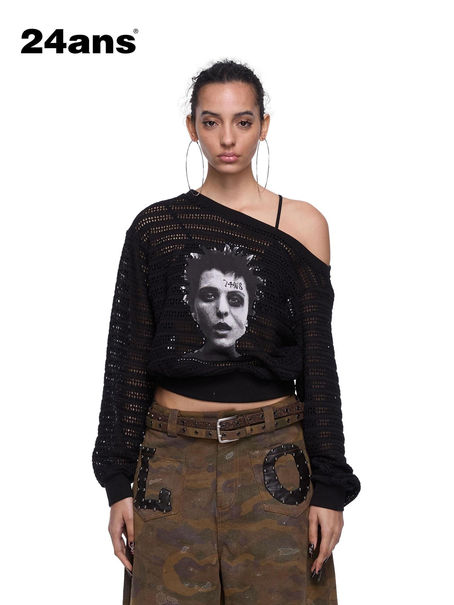 24ans Cutout Asymmetric Neck Loose Fit Women Punk Graphic Polyester T-Shirt