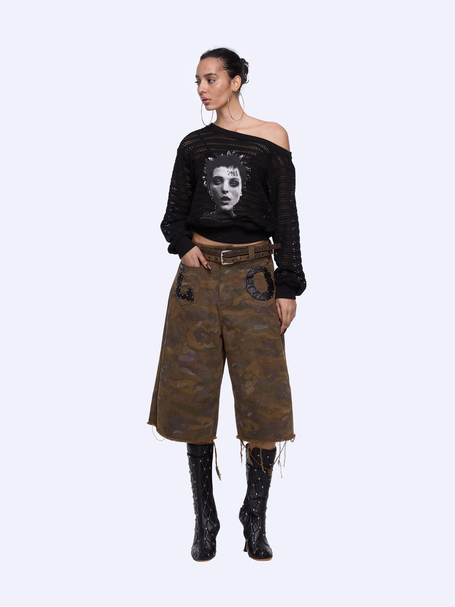 24ans Cutout Asymmetric Neck Loose Fit Women Punk Graphic Polyester T-Shirt