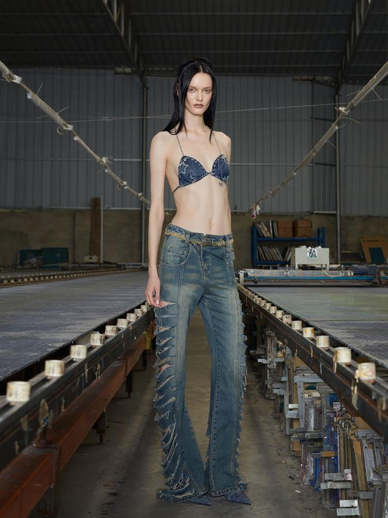 24ans Denim Bandeau Top Adjustable Cotton Vacation Wear