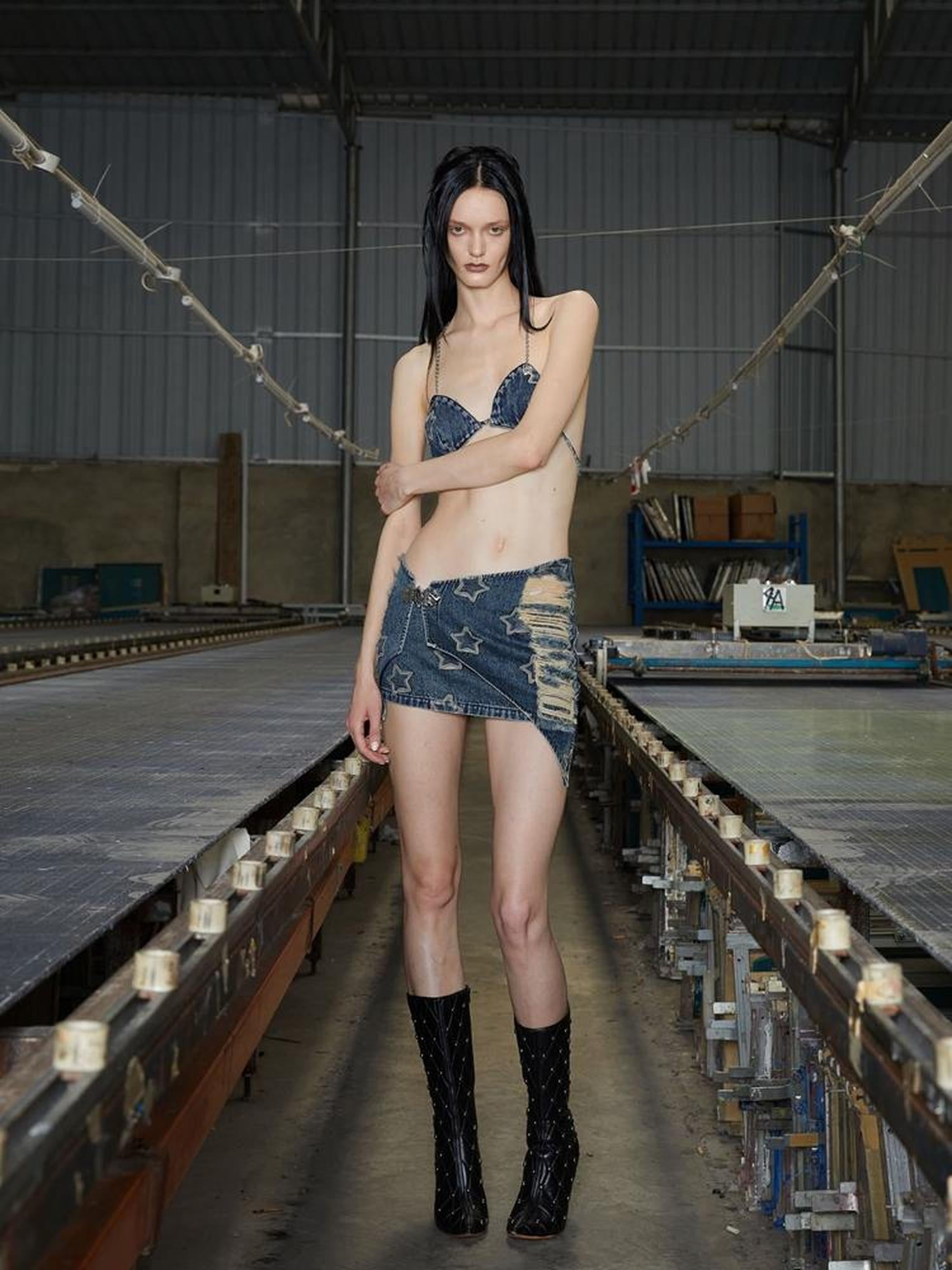 24ans Denim Bandeau Top Adjustable Cotton Vacation Wear