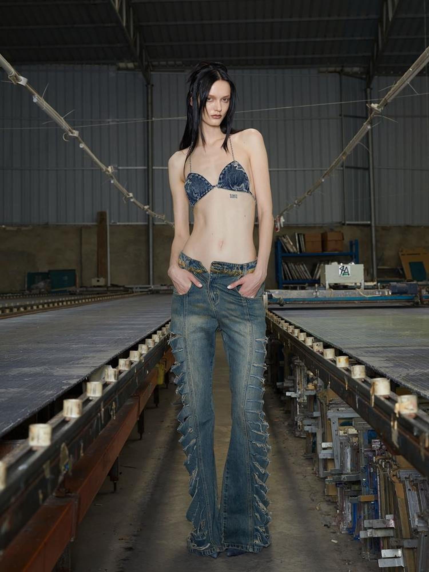 24ans Denim Bandeau Top Adjustable Cotton Vacation Wear