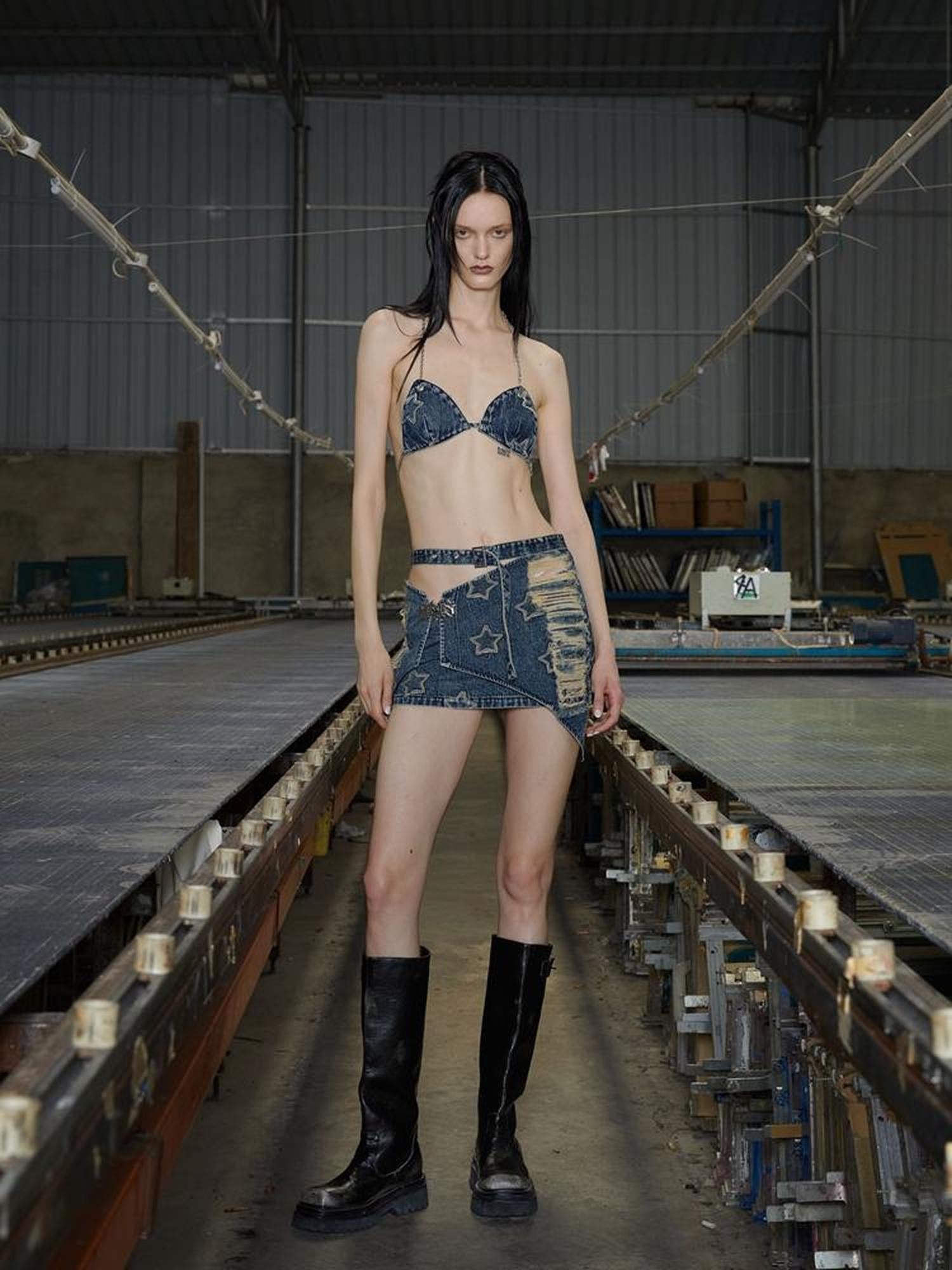 24ans Denim Bandeau Top Adjustable Cotton Vacation Wear