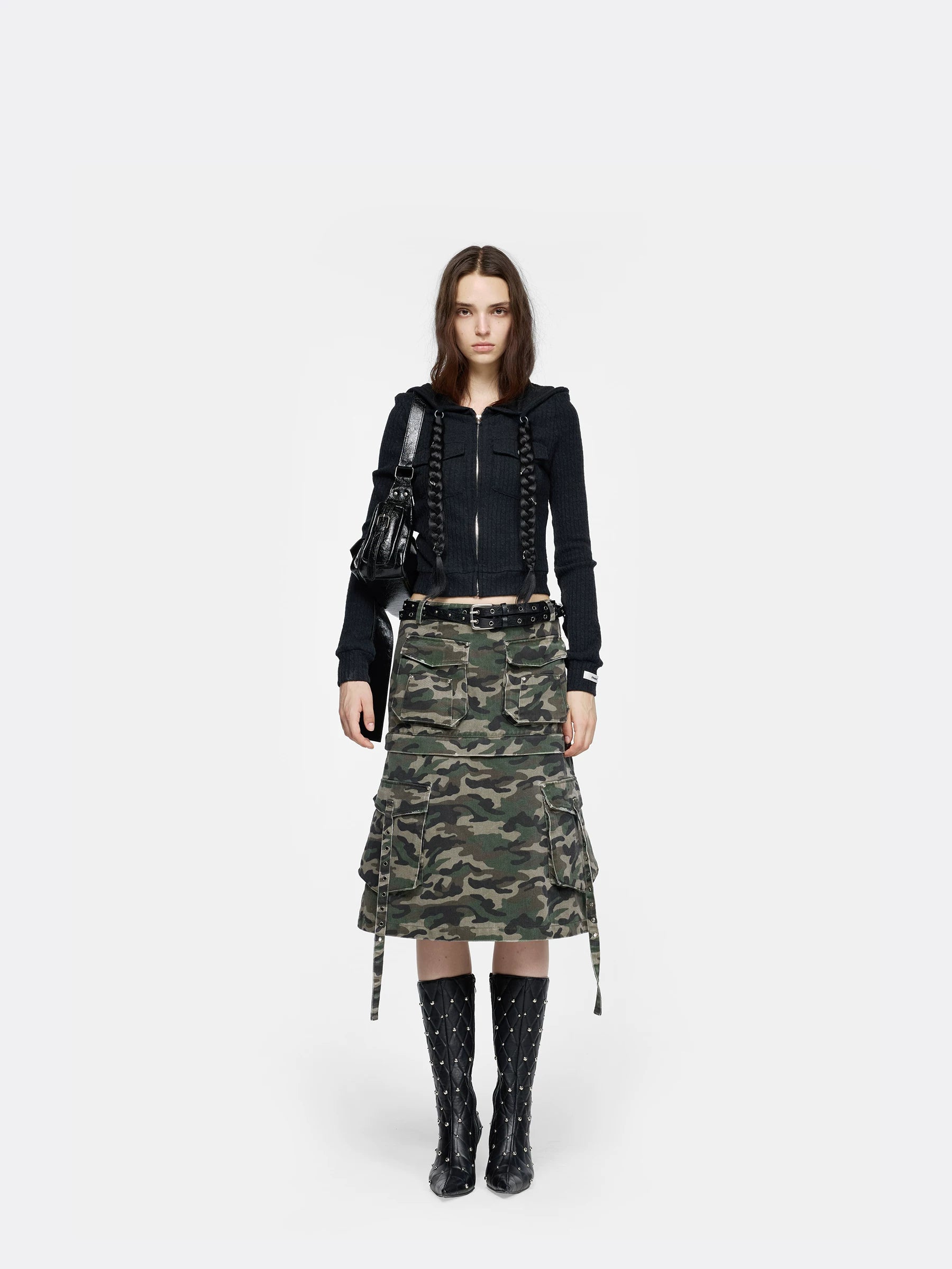 24ans Detachable Braid Knit Coat Black Brown-1