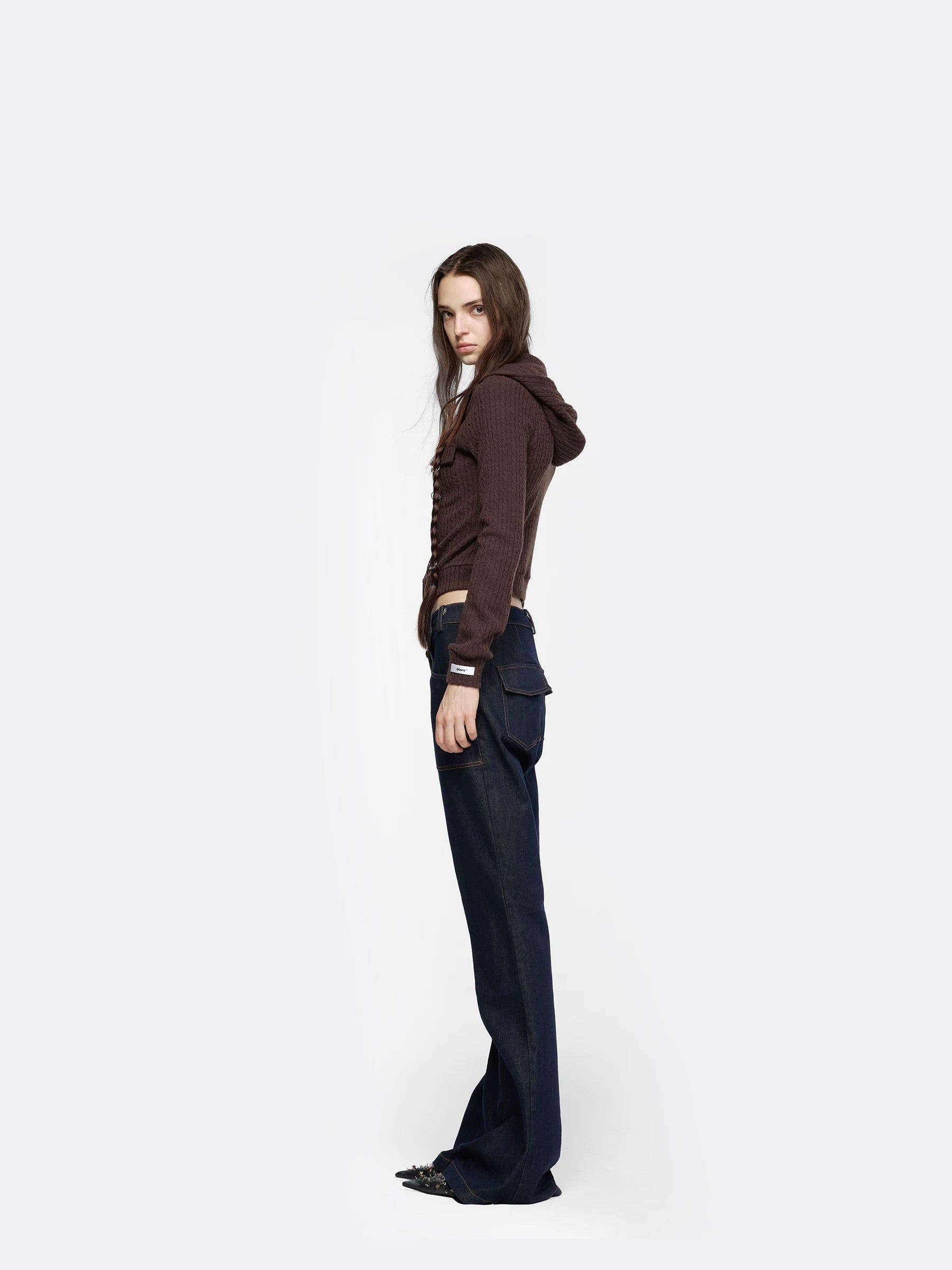 24ans Detachable Braid Knit Coat Black Brown-2