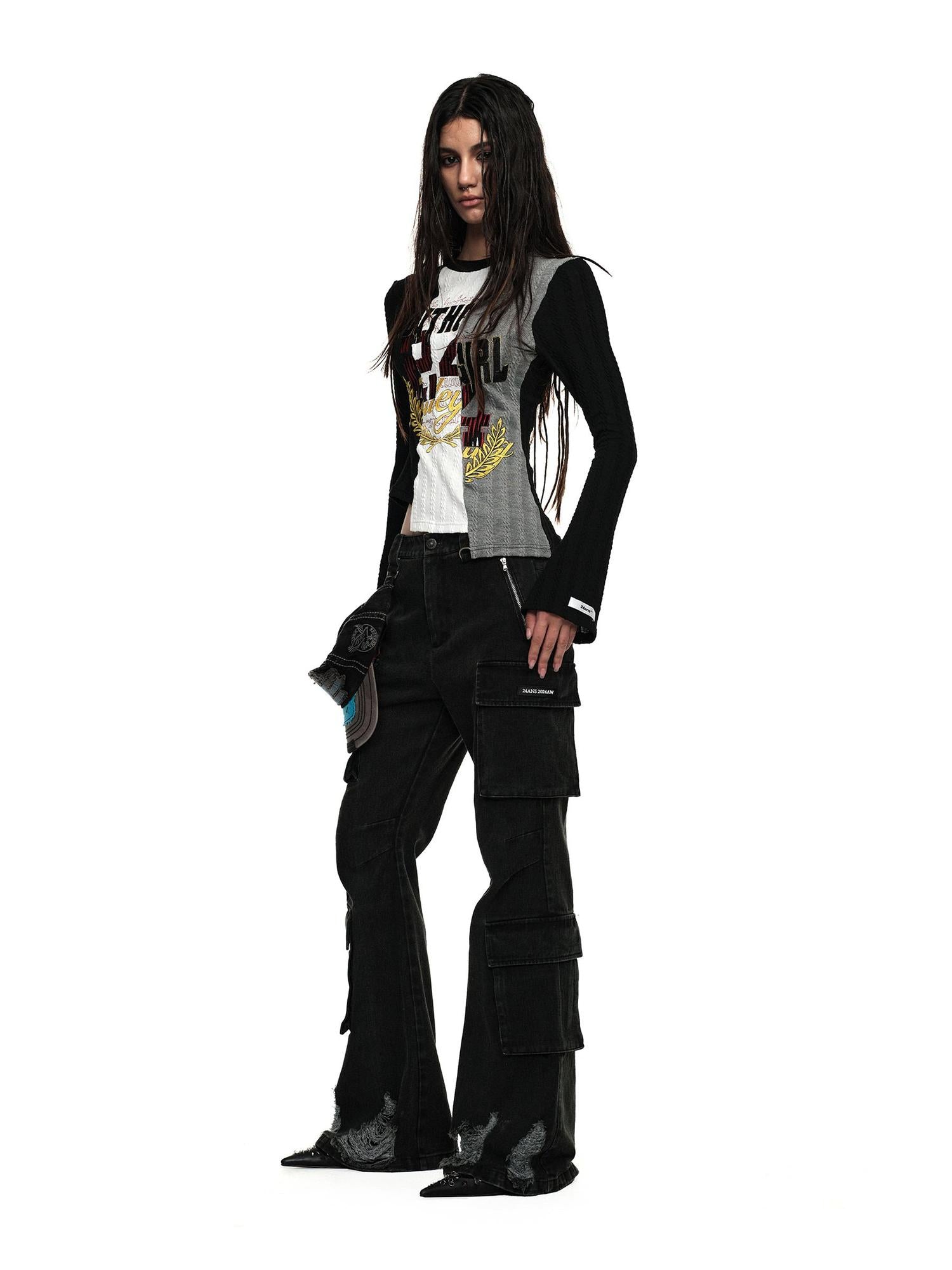 Distressed Black Flared Wide Leg Jeans With Raw Hem