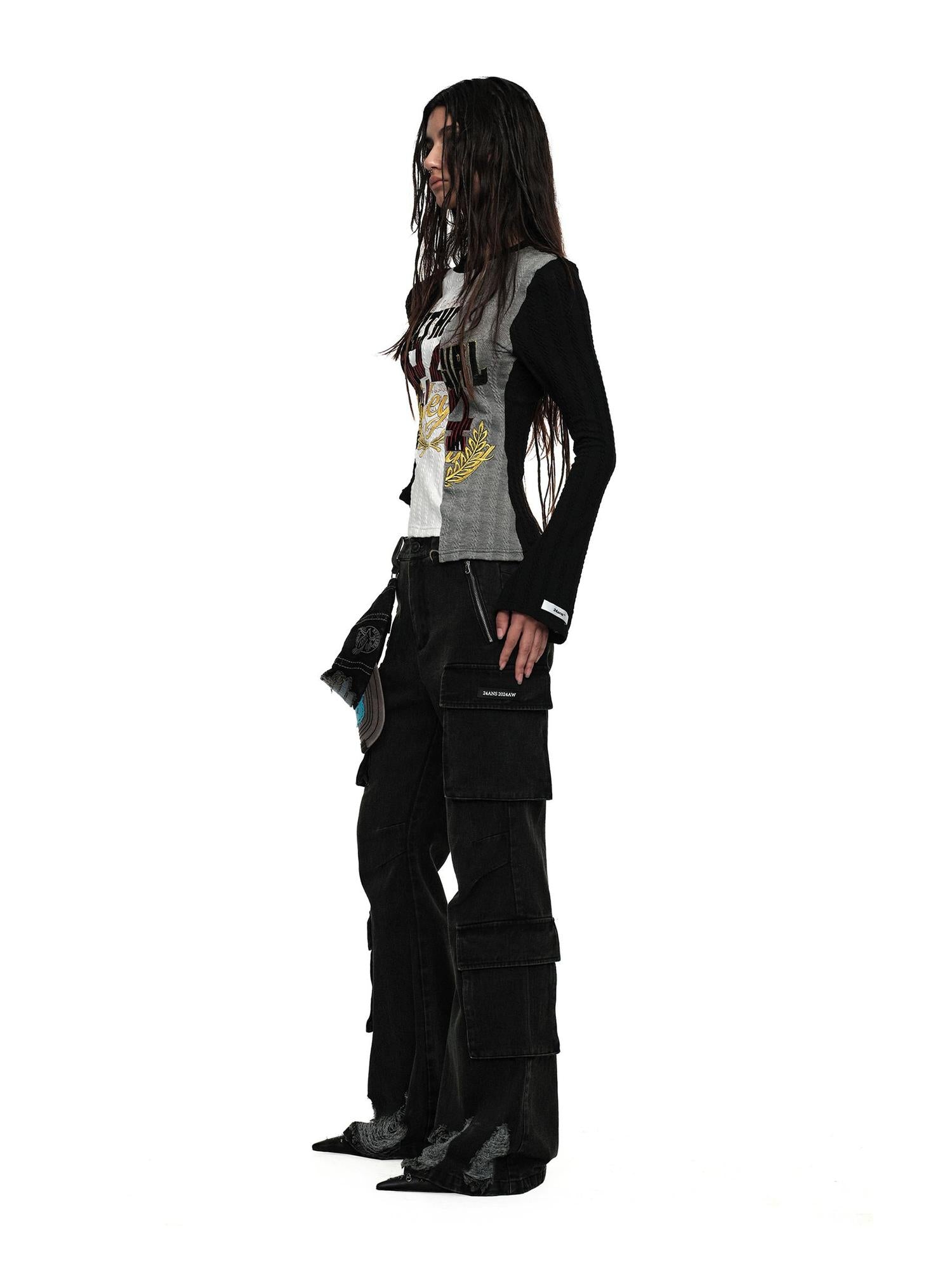 Distressed Black Flared Wide Leg Jeans With Raw Hem