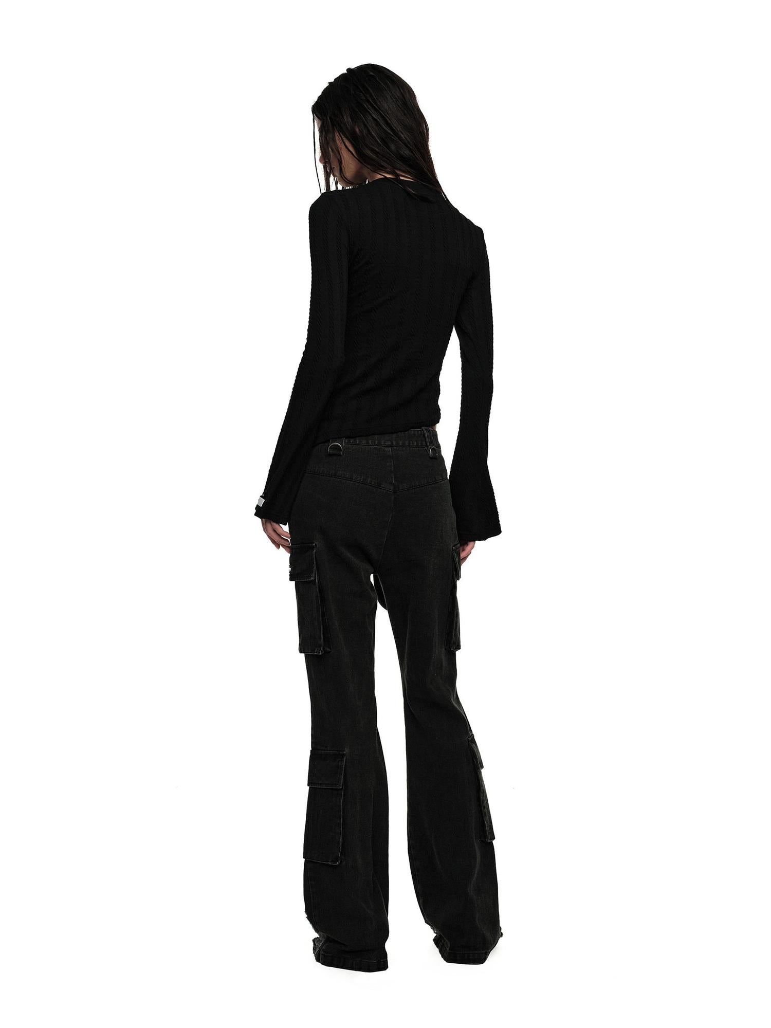 Distressed Black Flared Wide Leg Jeans With Raw Hem