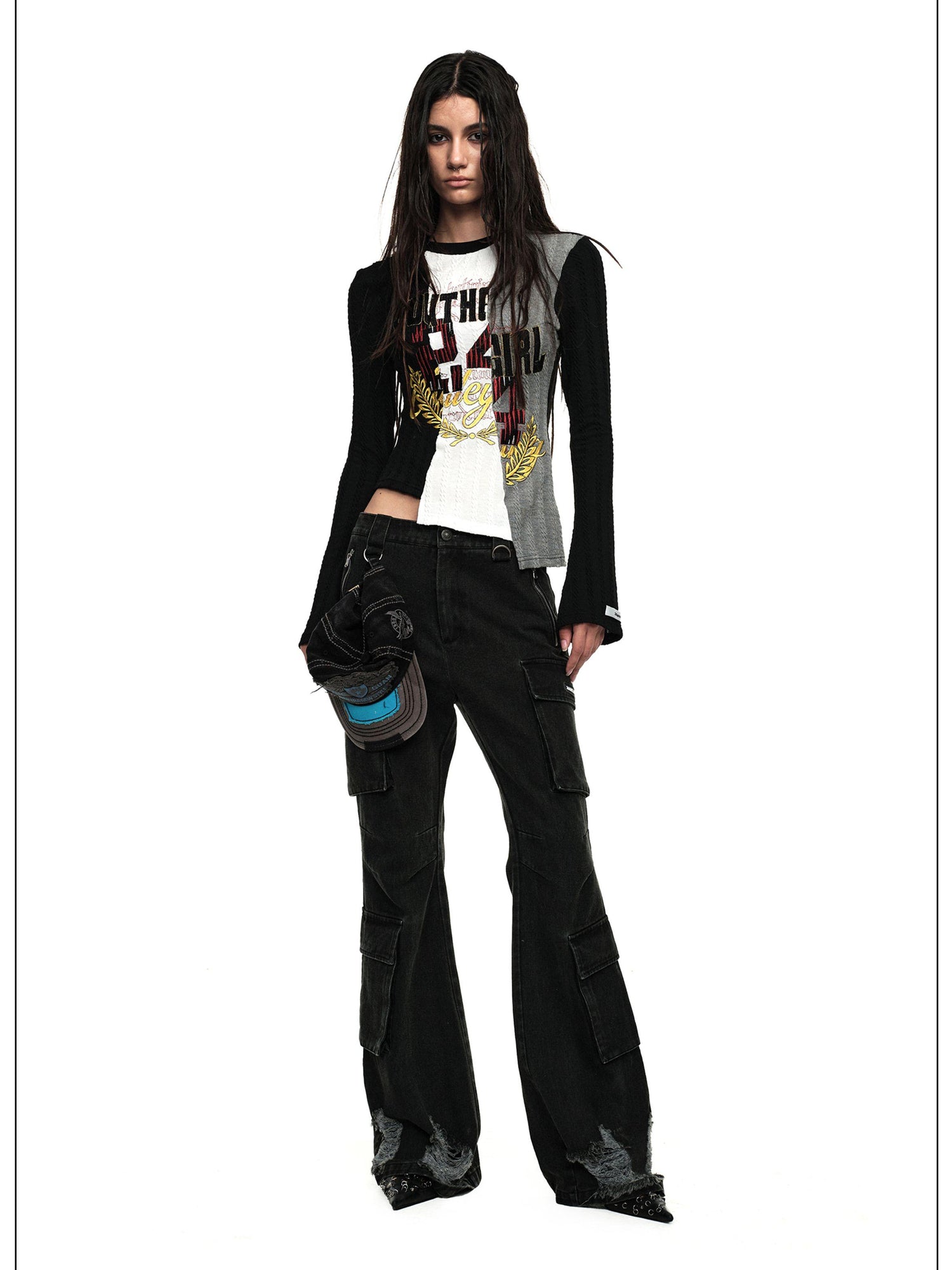 Distressed Black Flared Wide Leg Jeans With Raw Hem