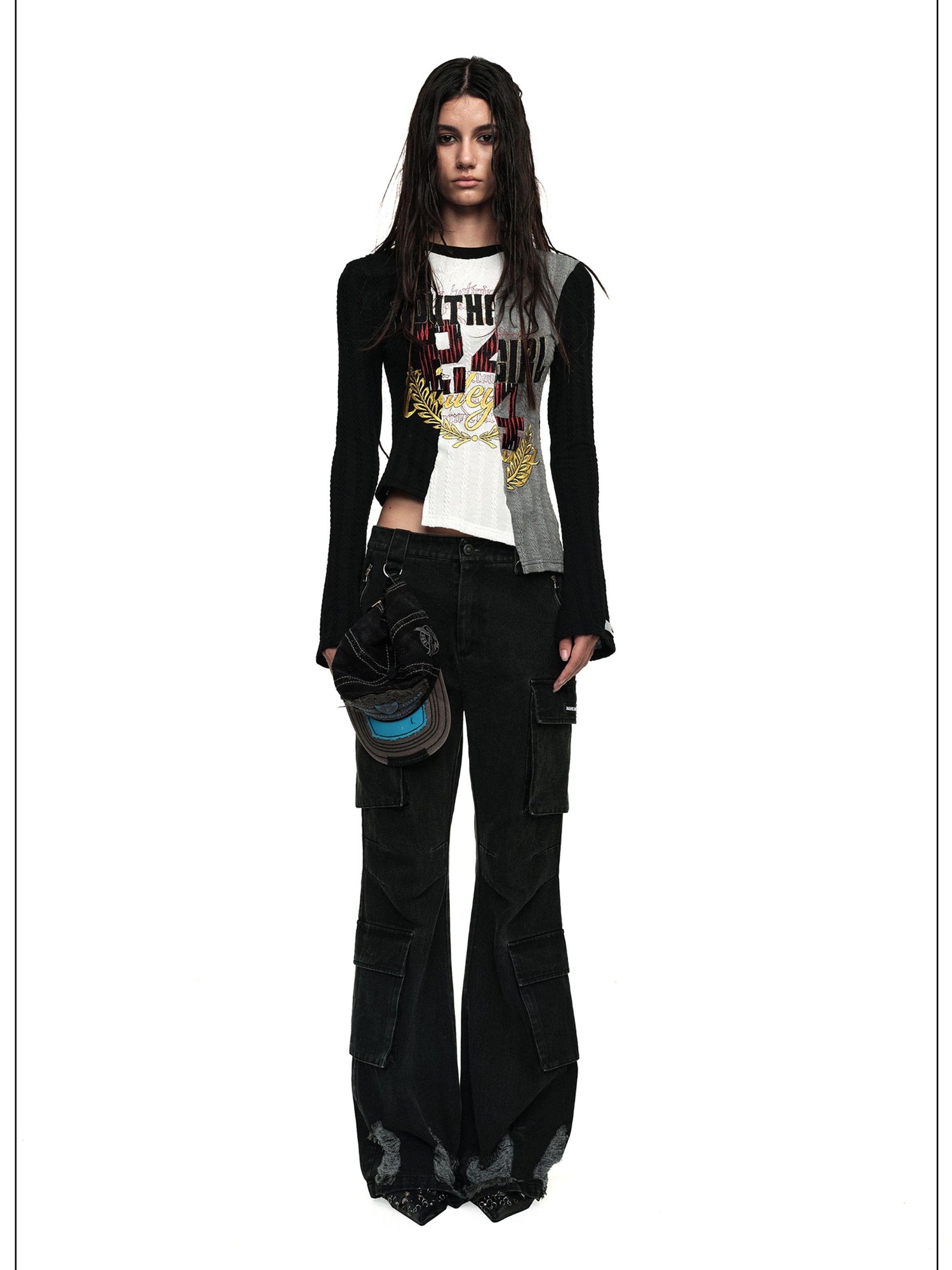 Distressed Black Flared Wide Leg Jeans With Raw Hem