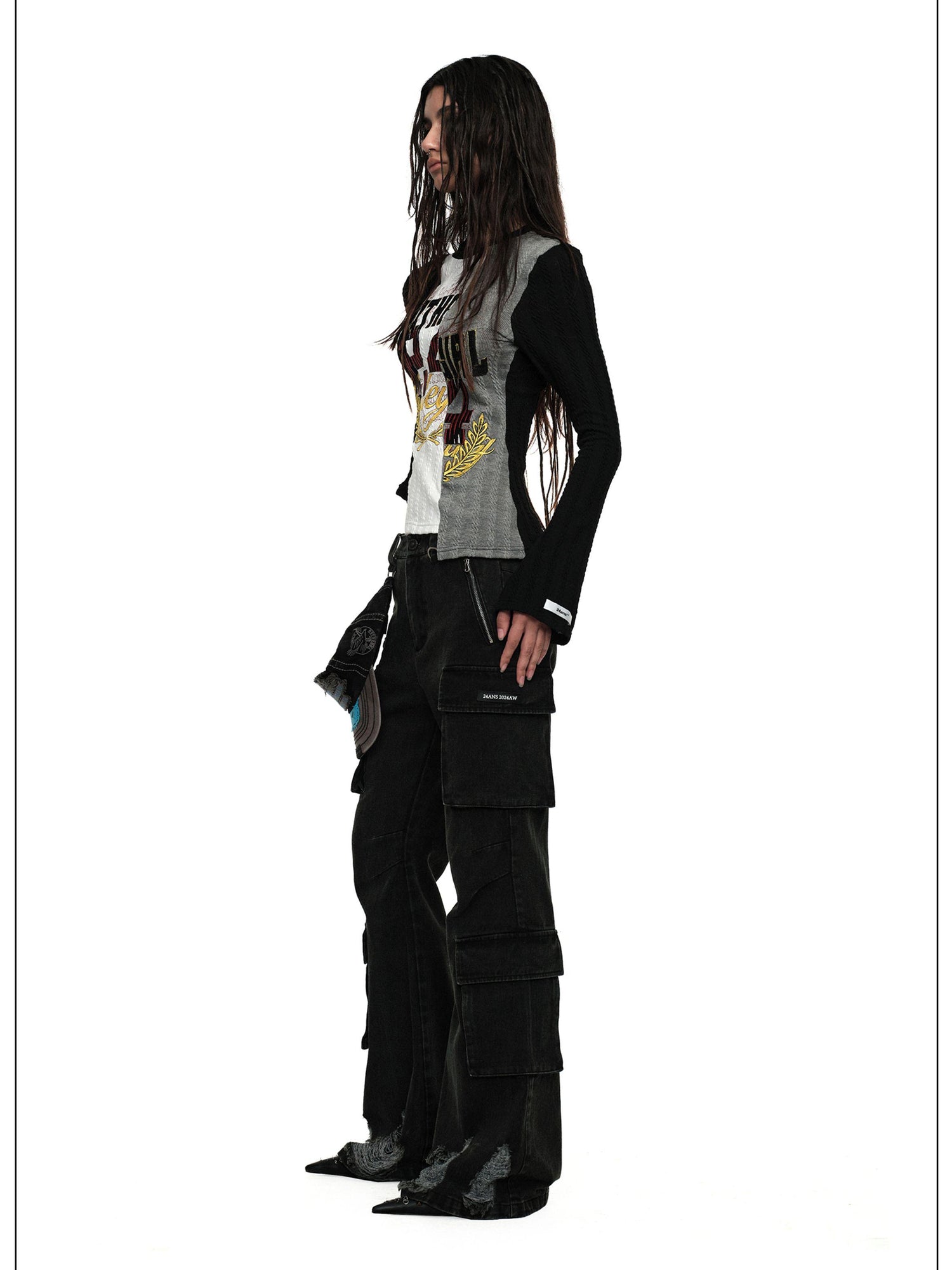 Distressed Black Flared Wide Leg Jeans With Raw Hem