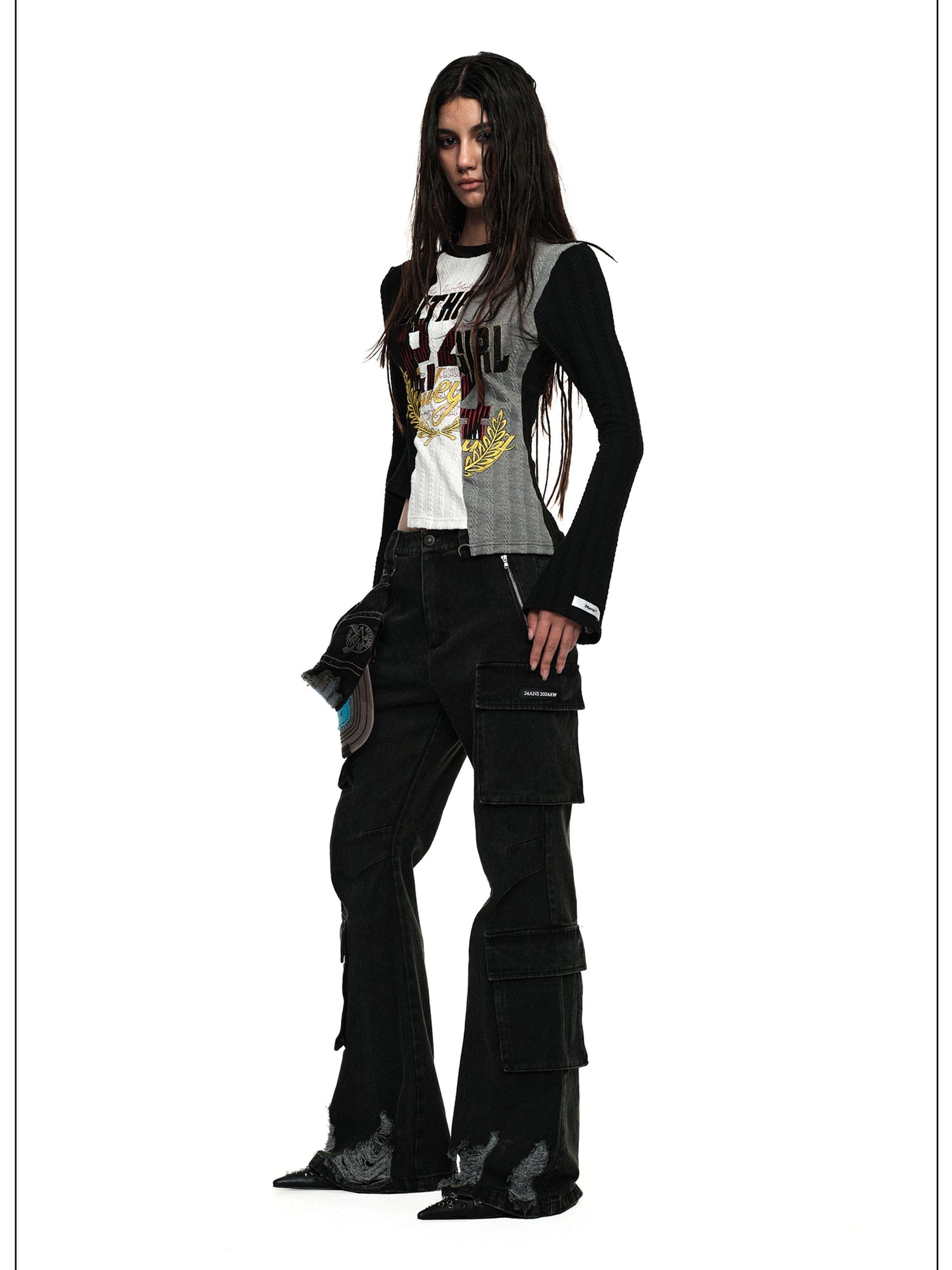 Distressed Black Flared Wide Leg Jeans With Raw Hem