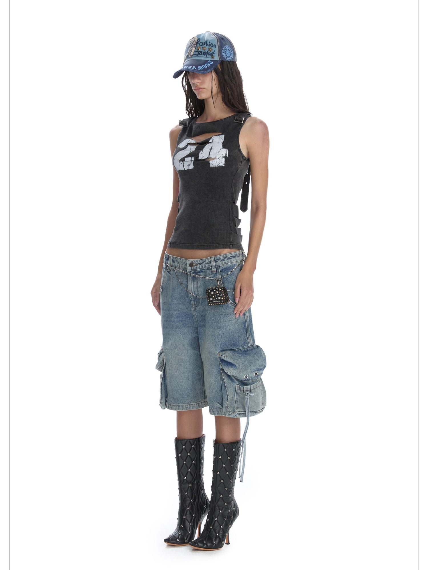 24ans Distressed Denim Cargo Wide Leg Shorts