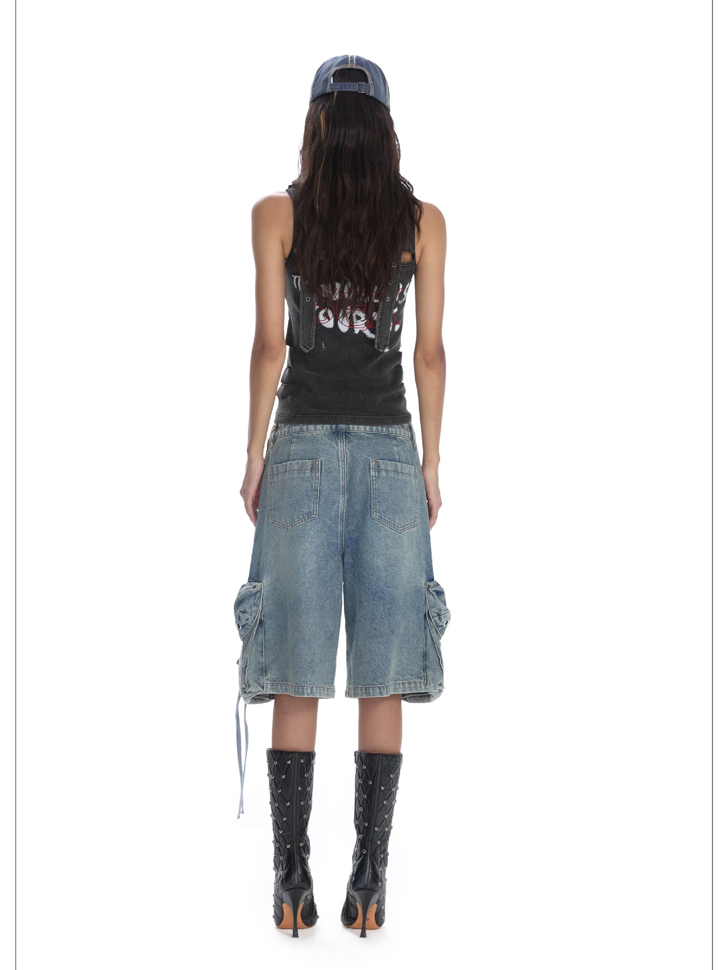 24ans Distressed Denim Cargo Wide Leg Shorts