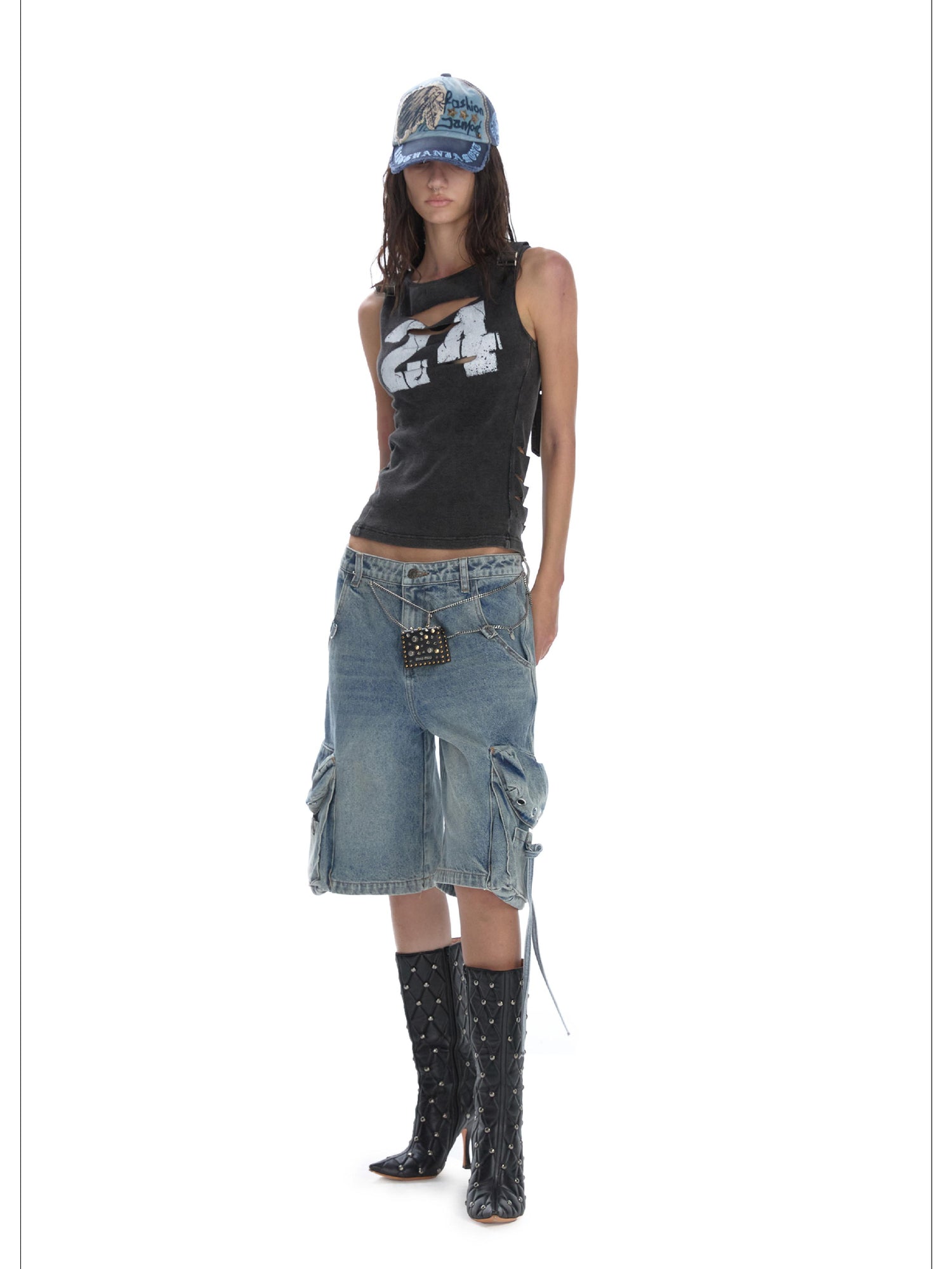 24ans Distressed Denim Cargo Wide Leg Shorts