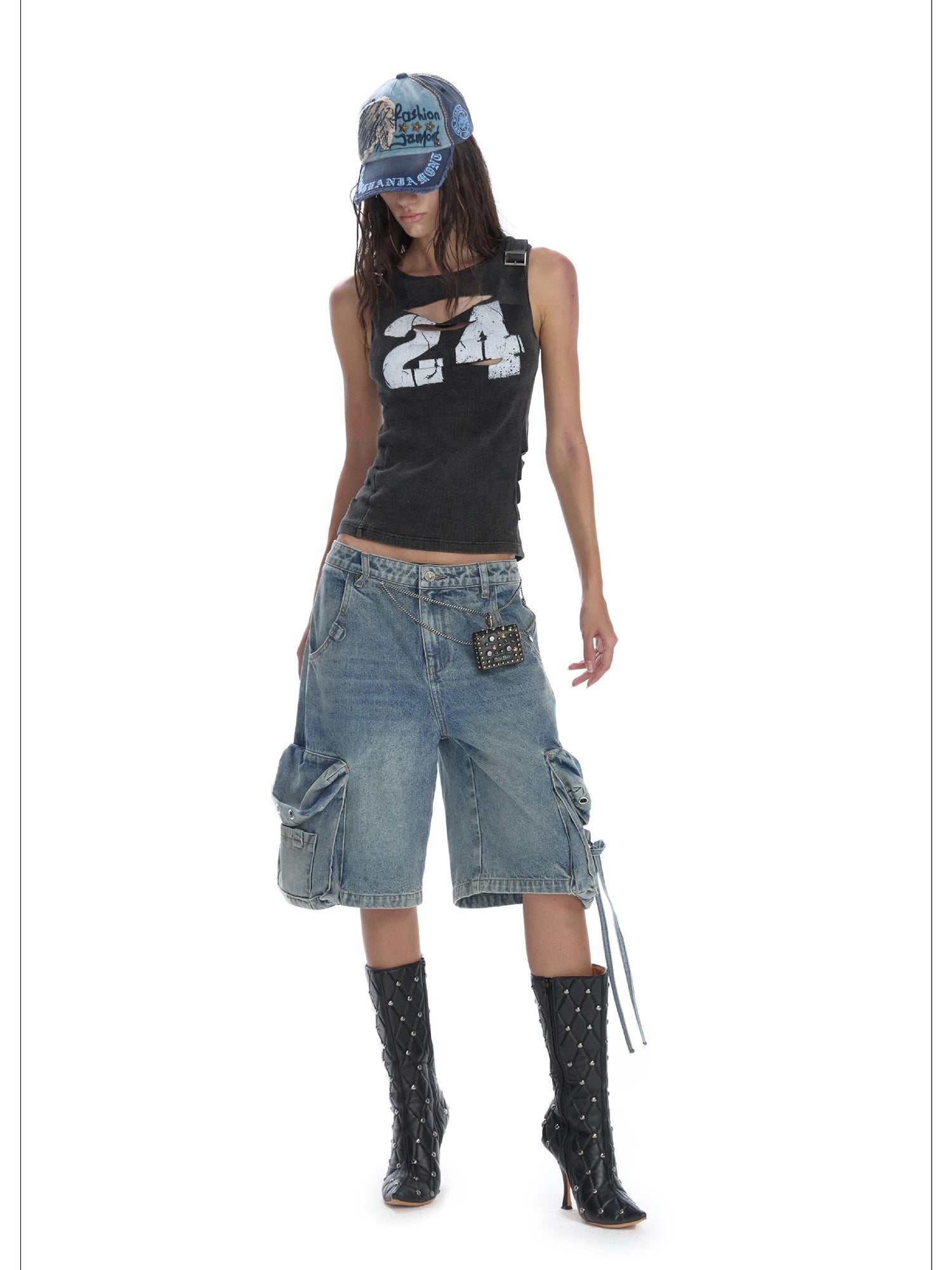 24ans Distressed Denim Cargo Wide Leg Shorts