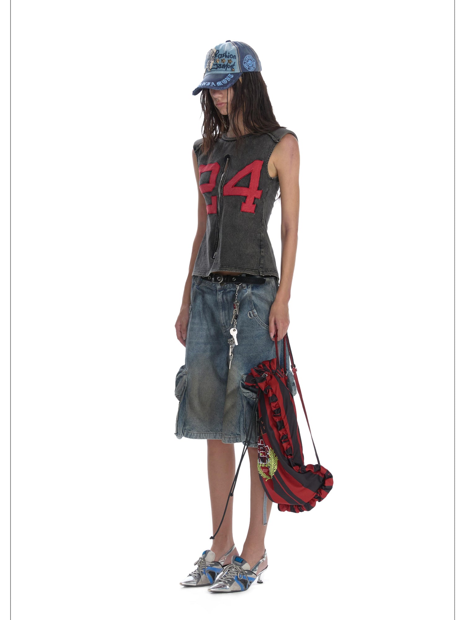24ans Distressed Denim Cargo Wide Leg Shorts