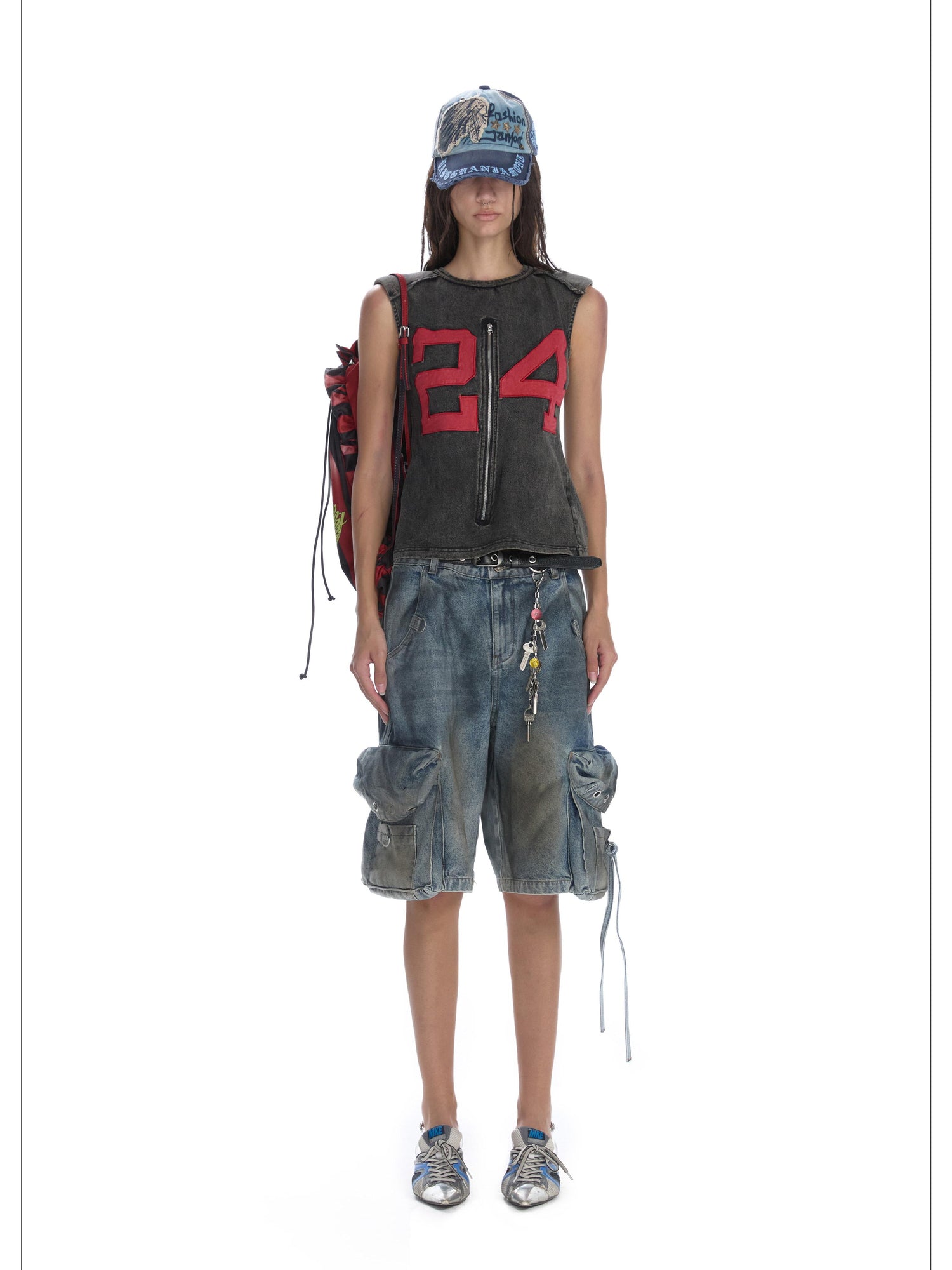 24ans Distressed Denim Cargo Wide Leg Shorts
