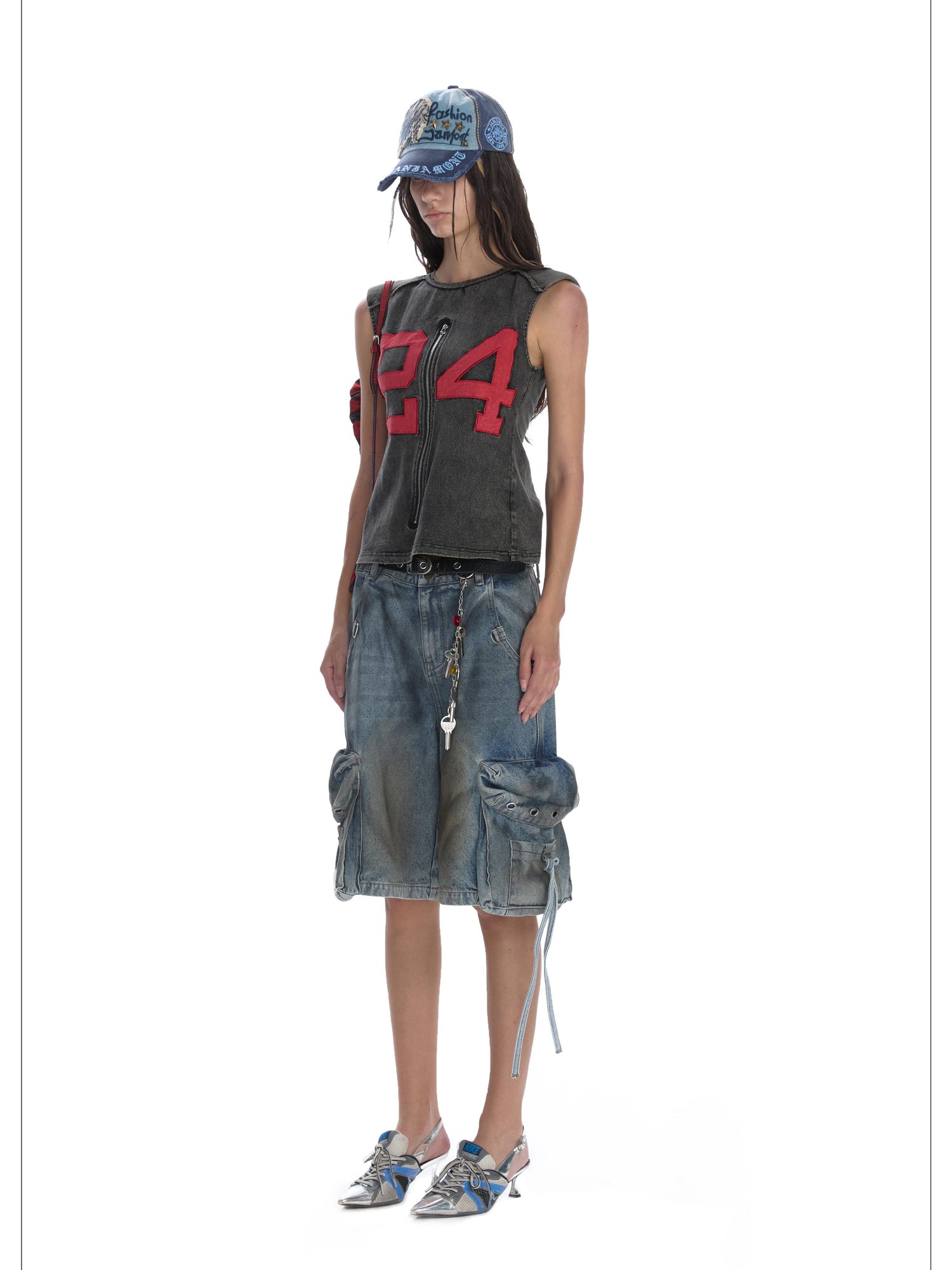 24ans Distressed Denim Cargo Wide Leg Shorts