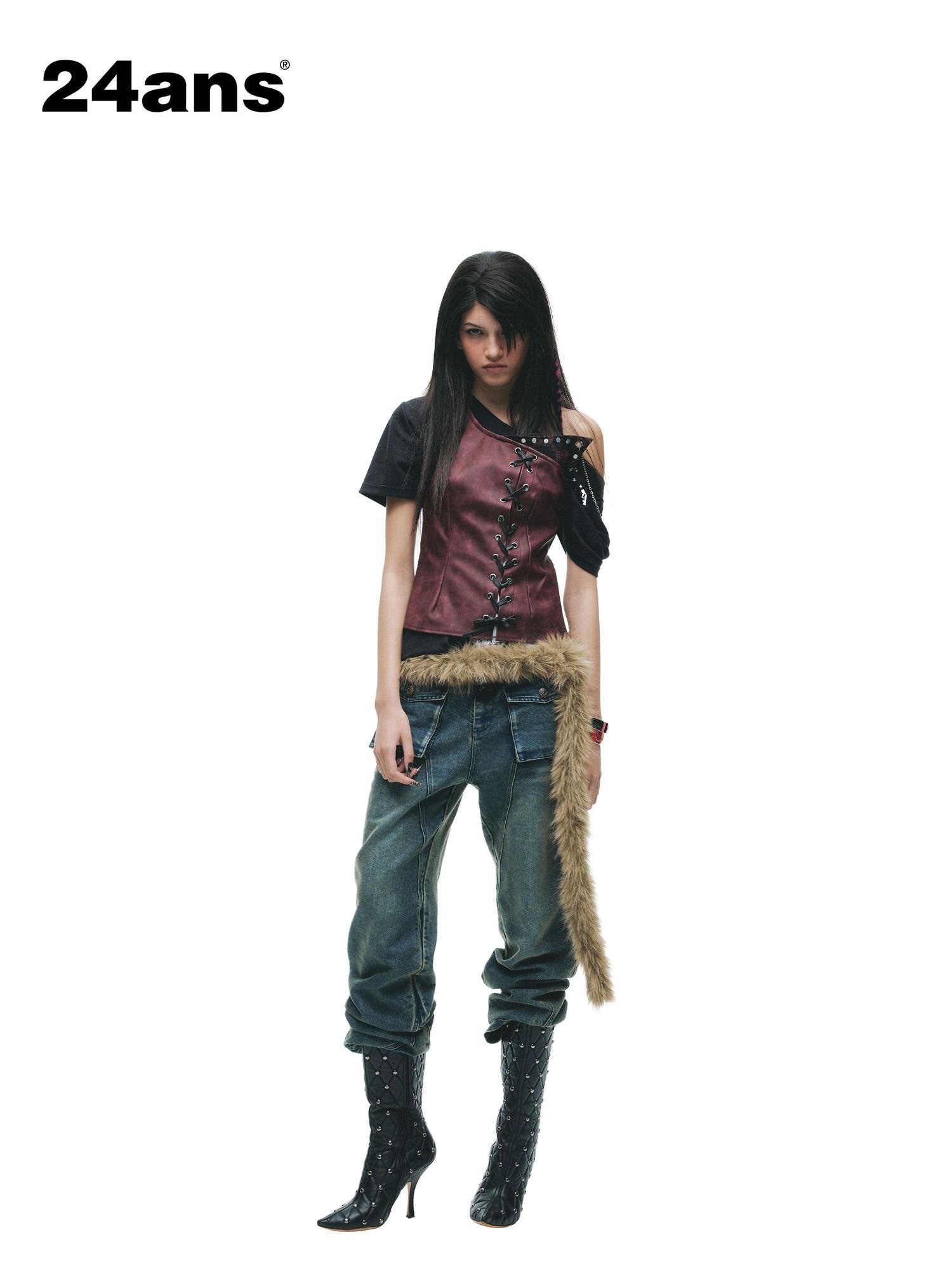 24ans Distressed Lace Patchwork Tie Detail Punk Women&