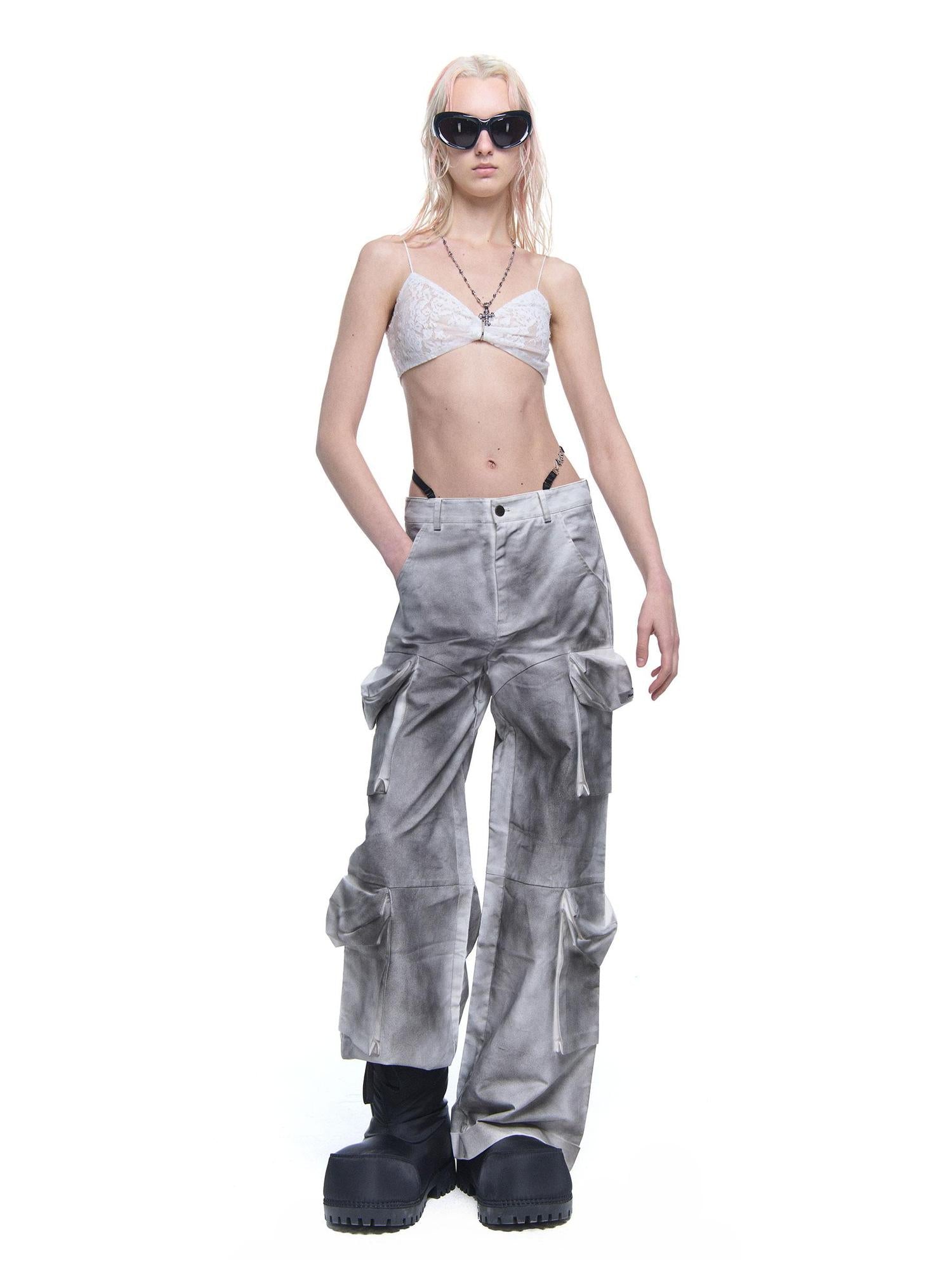 24ans Distressed Pocket Punk Cargo Pants Straight Leg