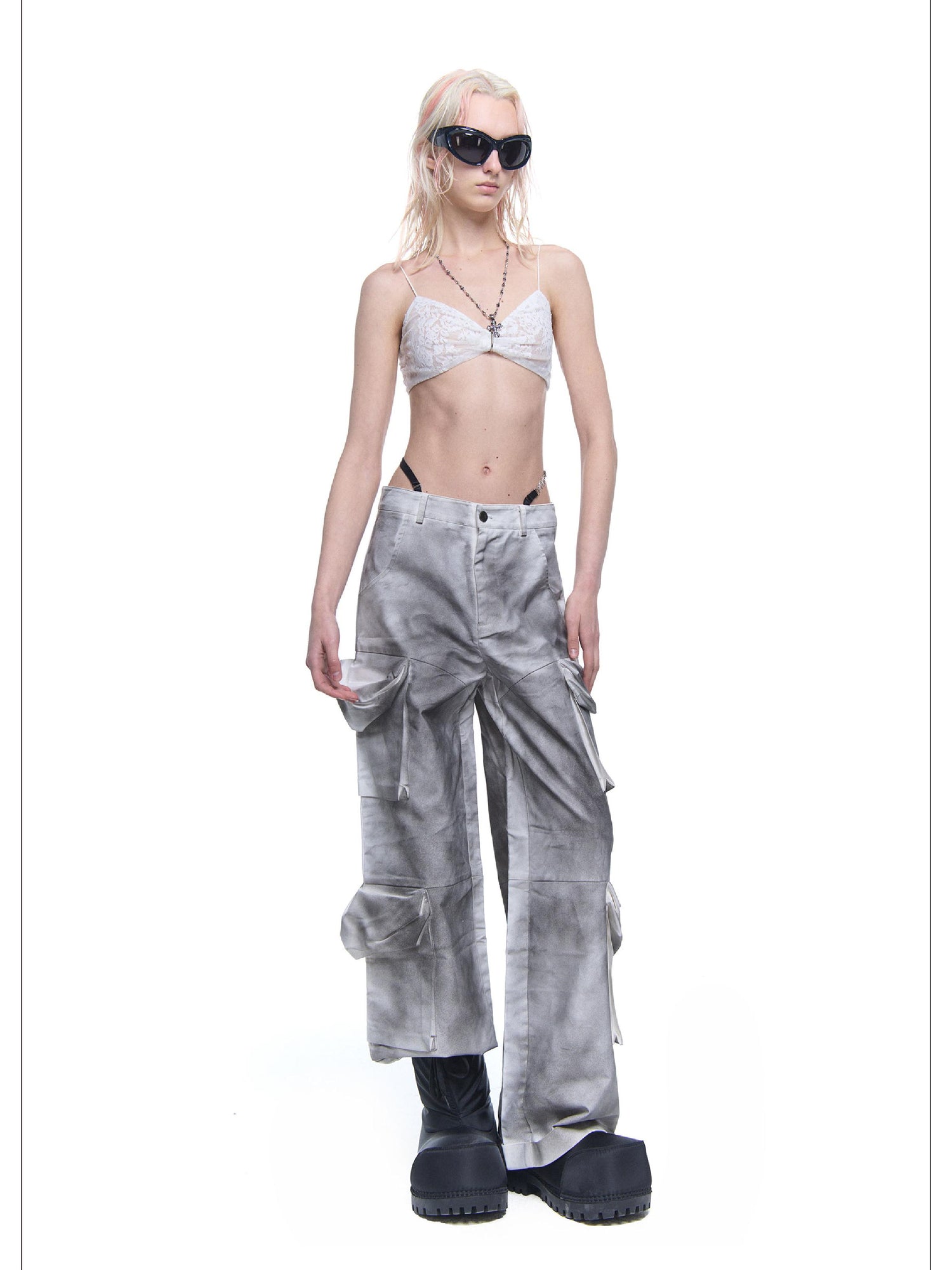 24ans Distressed Pocket Punk Cargo Pants Straight Leg