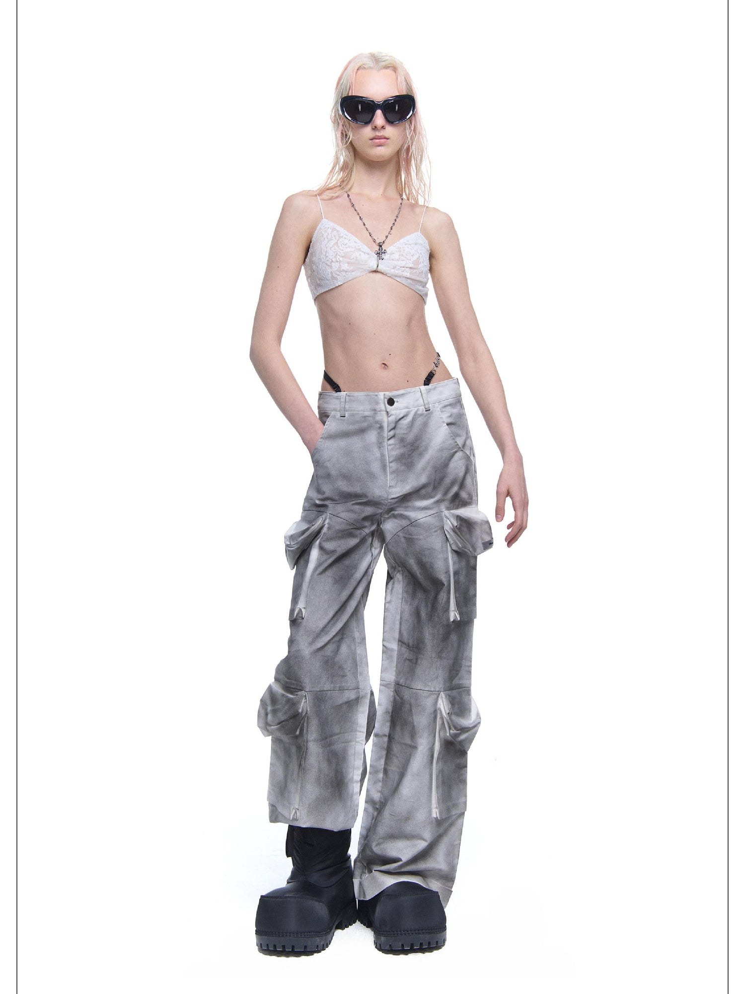 24ans Distressed Pocket Punk Cargo Pants Straight Leg