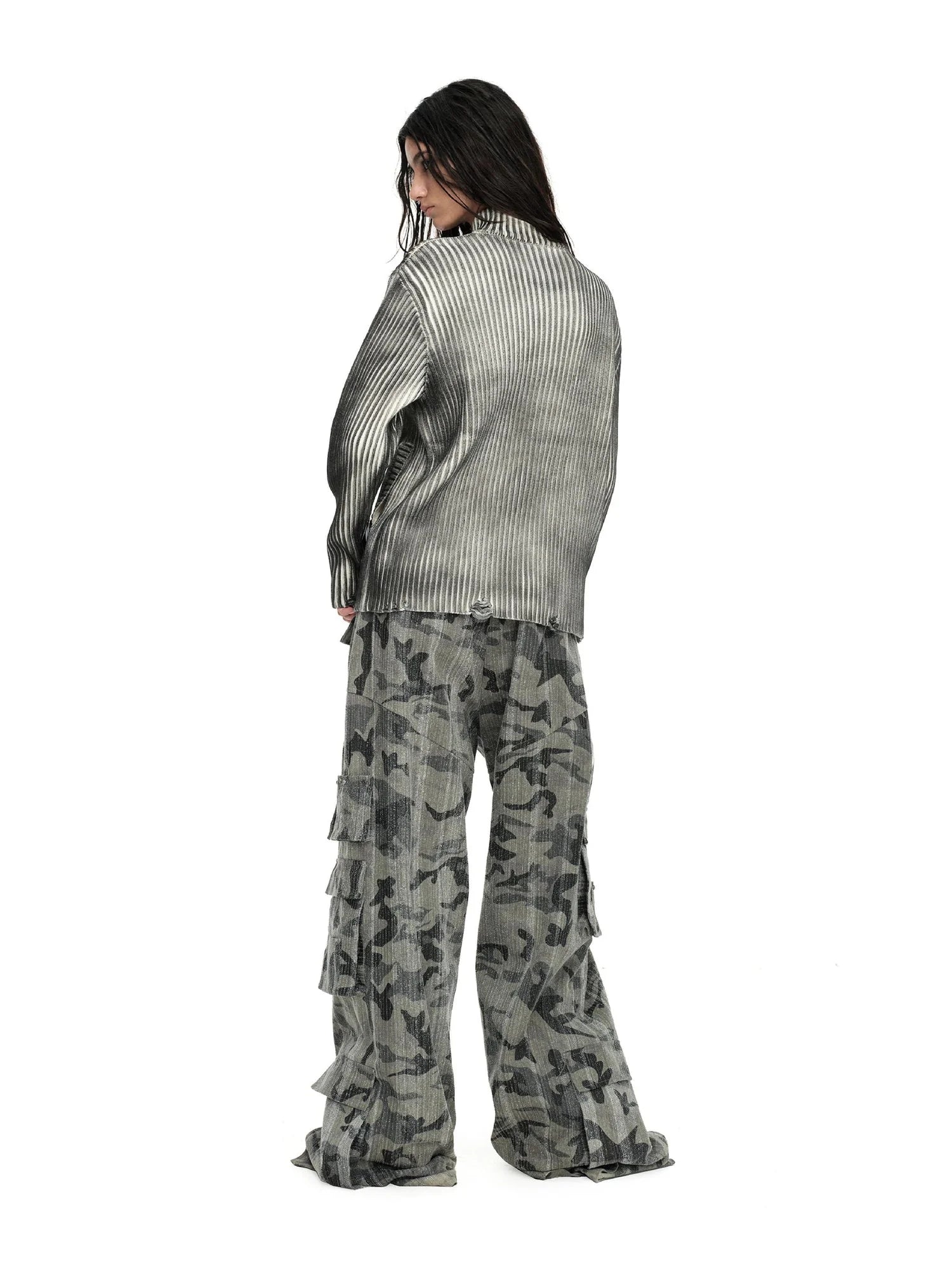 Distressed Two Tone Vintage Zip Up Knit Cardigan