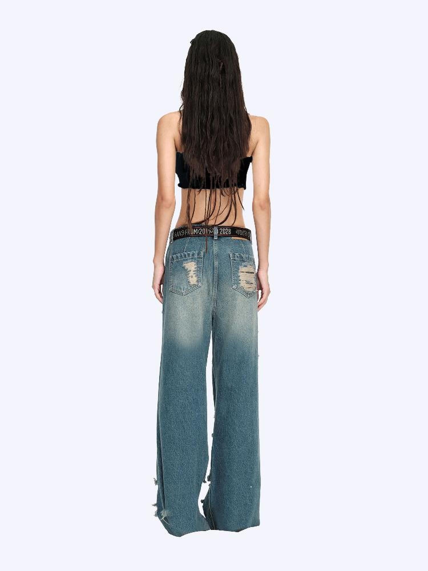 24ans Distressed Washed Ripped Flared Jeans With Natural Drop