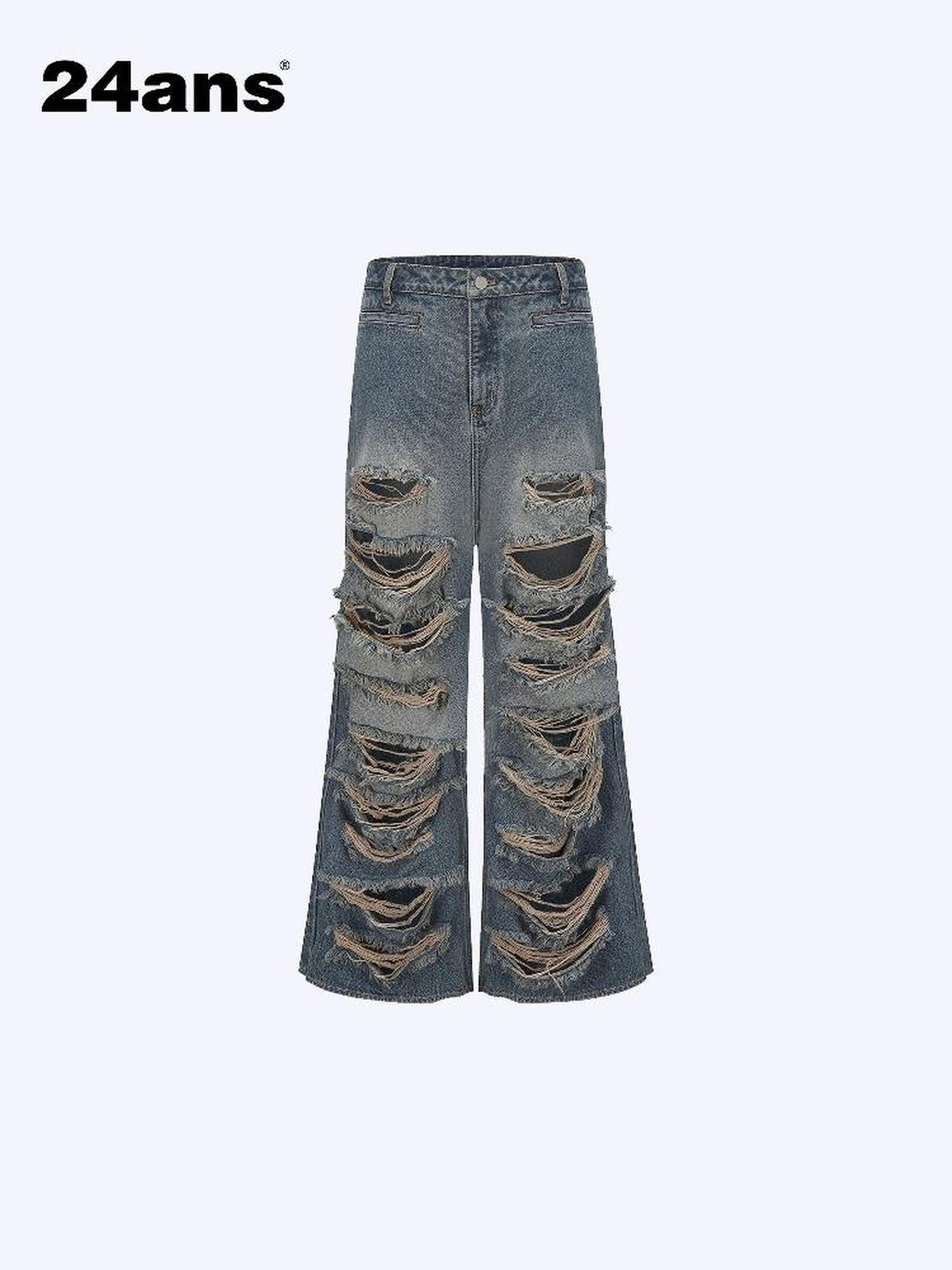 24ans Distressed Washed Ripped Flared Jeans With Natural Drop