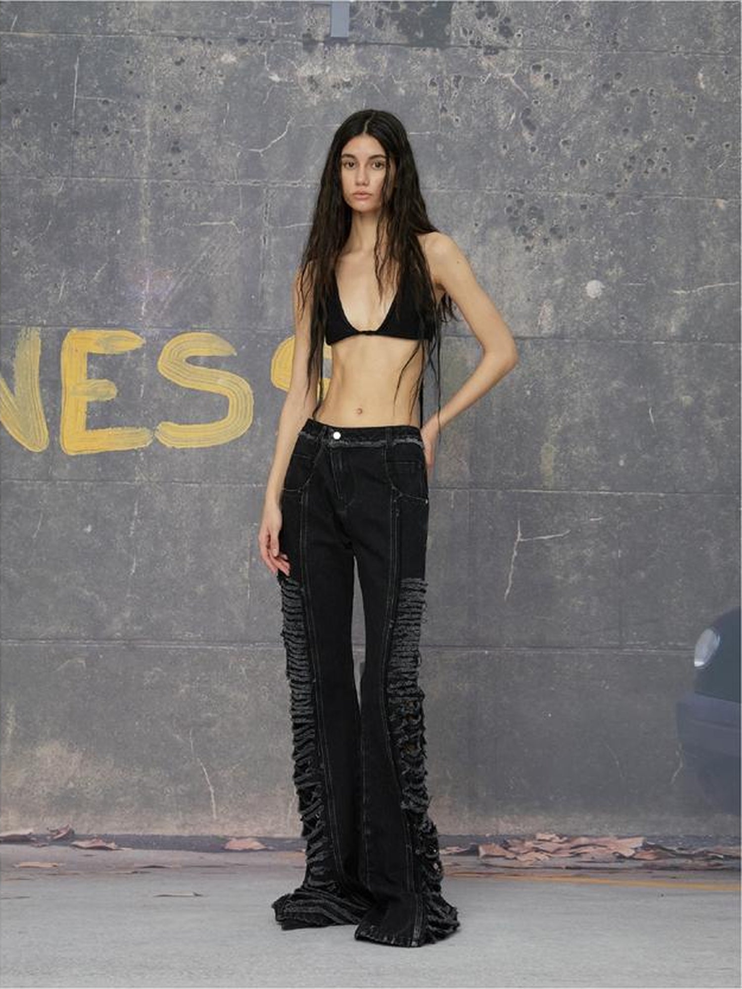 24ans Double Color Side Frayed Ripped Flared Denim Pants