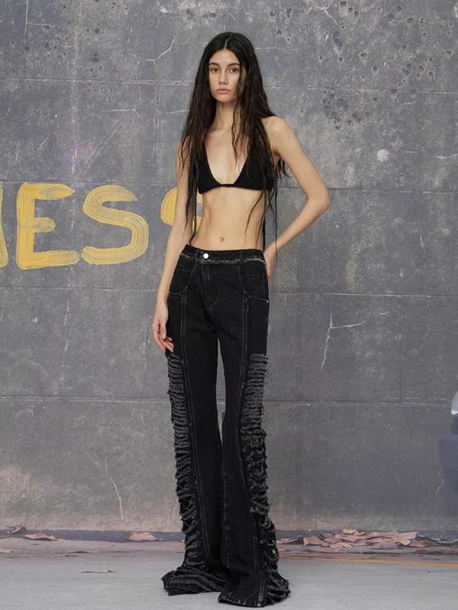 24ans Double Color Side Frayed Ripped Flared Denim Pants