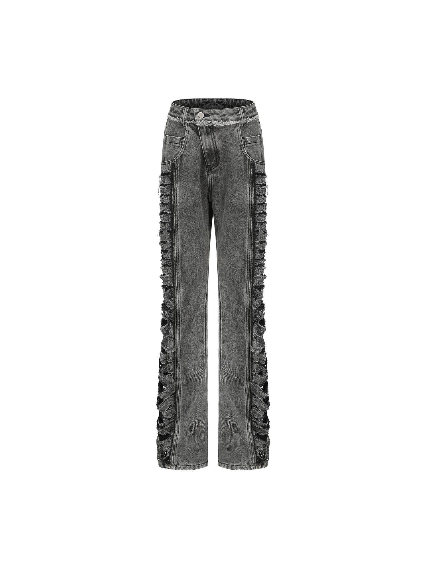 24ans Double Color Side Frayed Ripped Flared Denim Pants