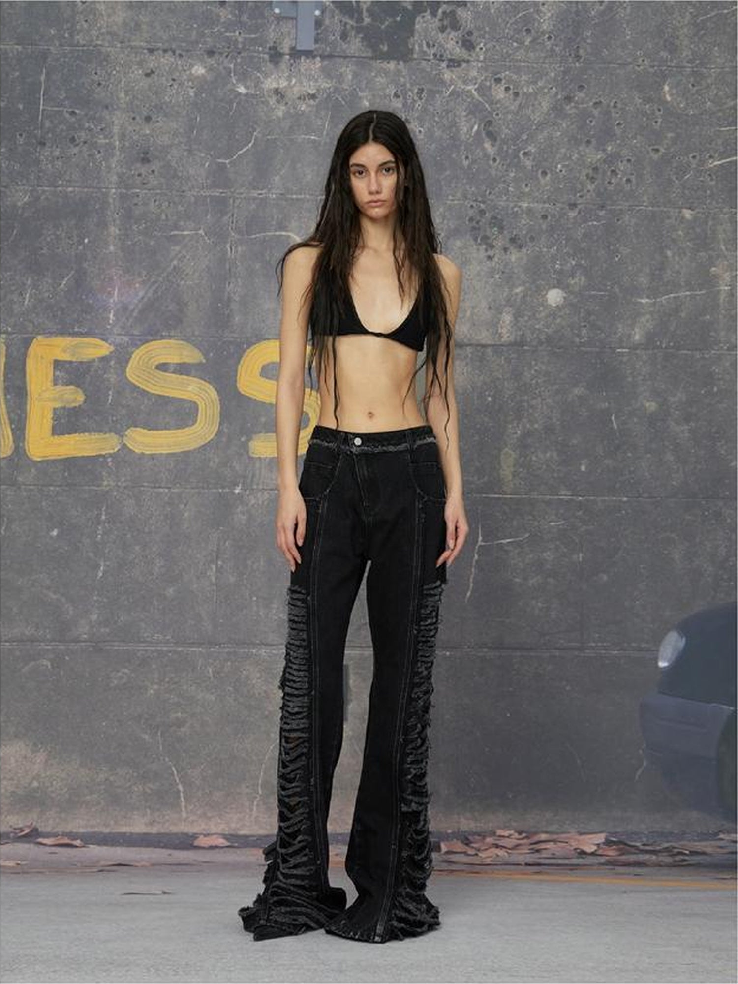 24ans Double Color Side Frayed Ripped Flared Denim Pants