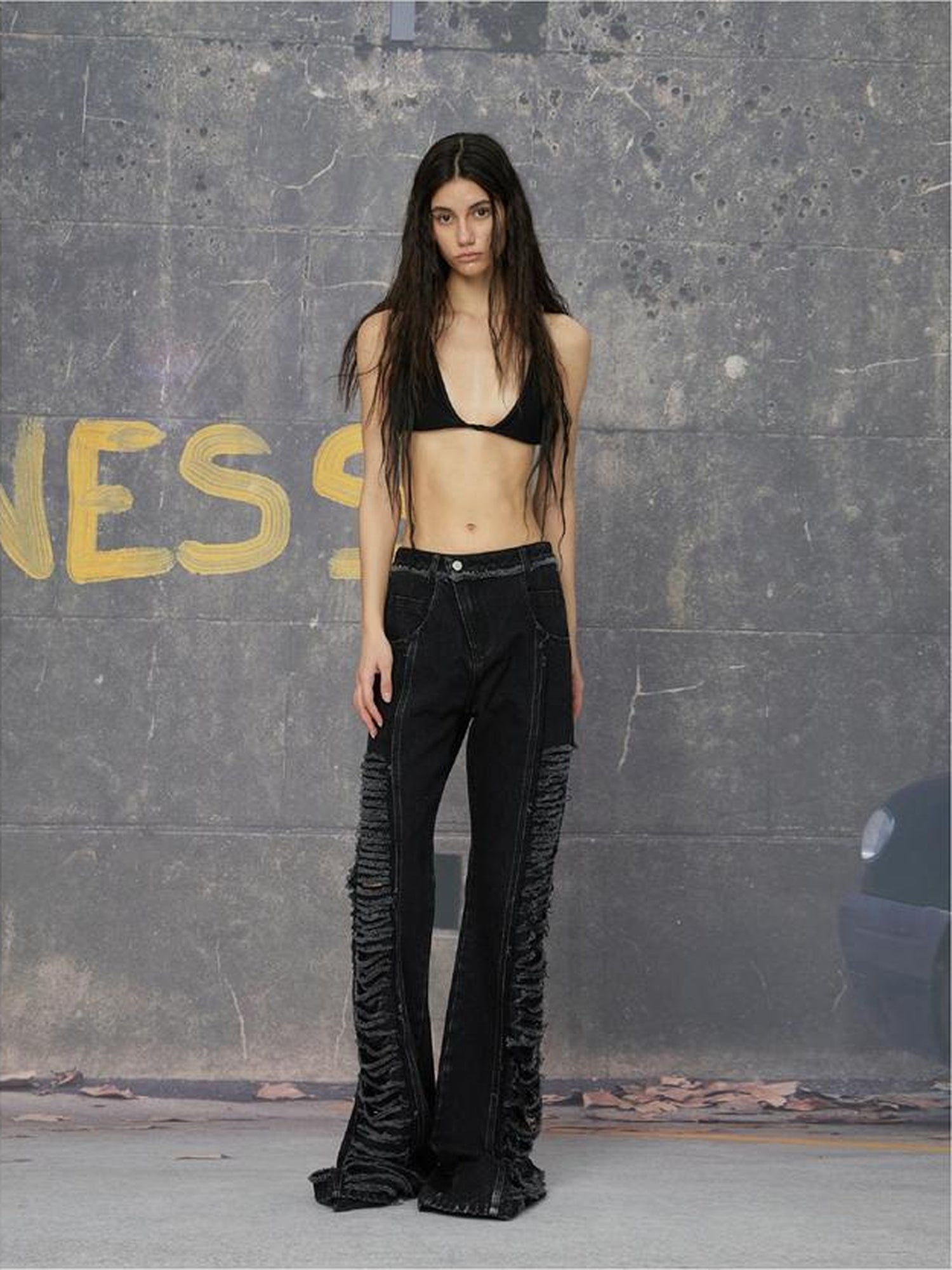 24ans Double Color Side Frayed Ripped Flared Denim Pants