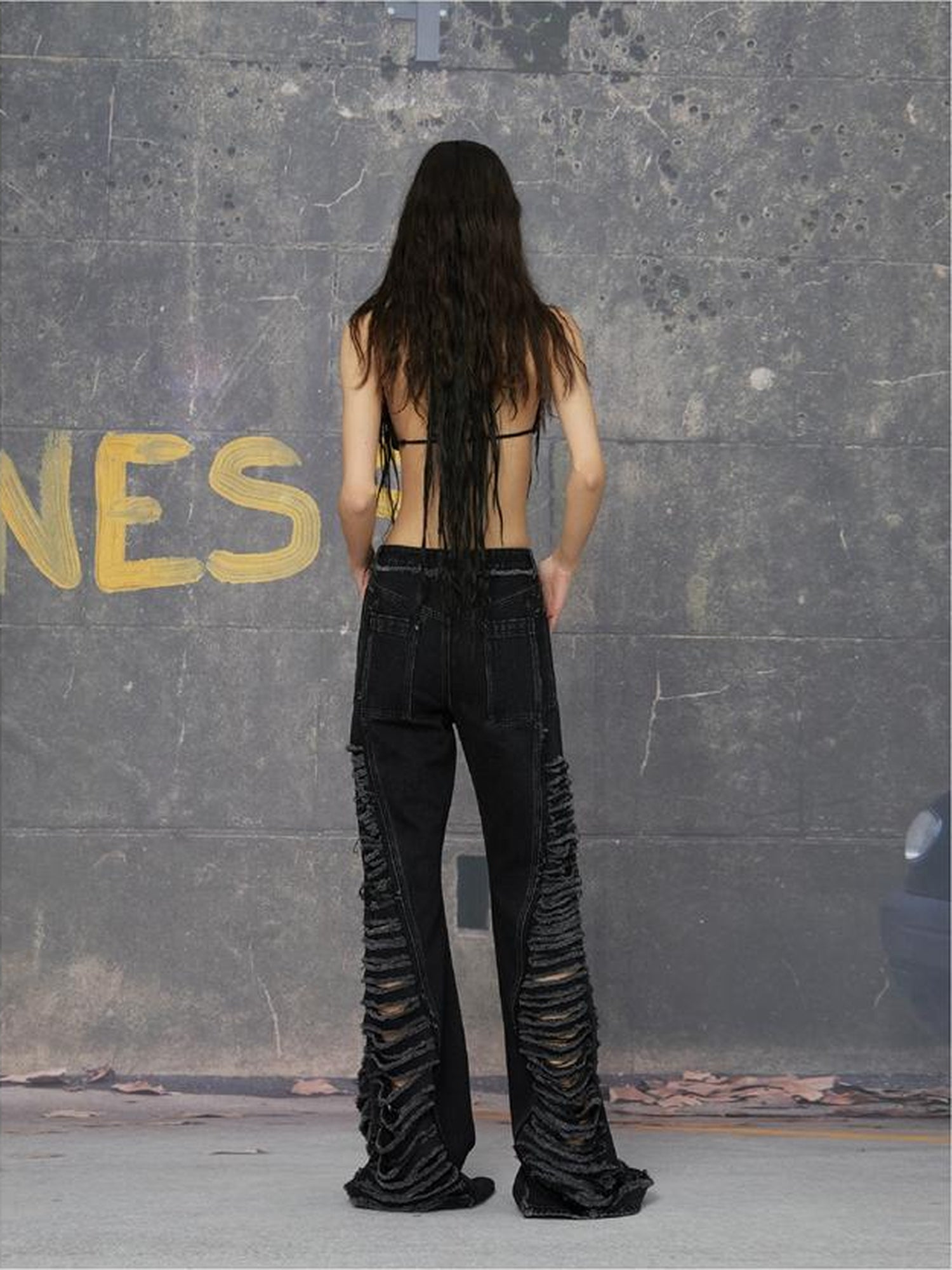 24ans Double Color Side Frayed Ripped Flared Denim Pants