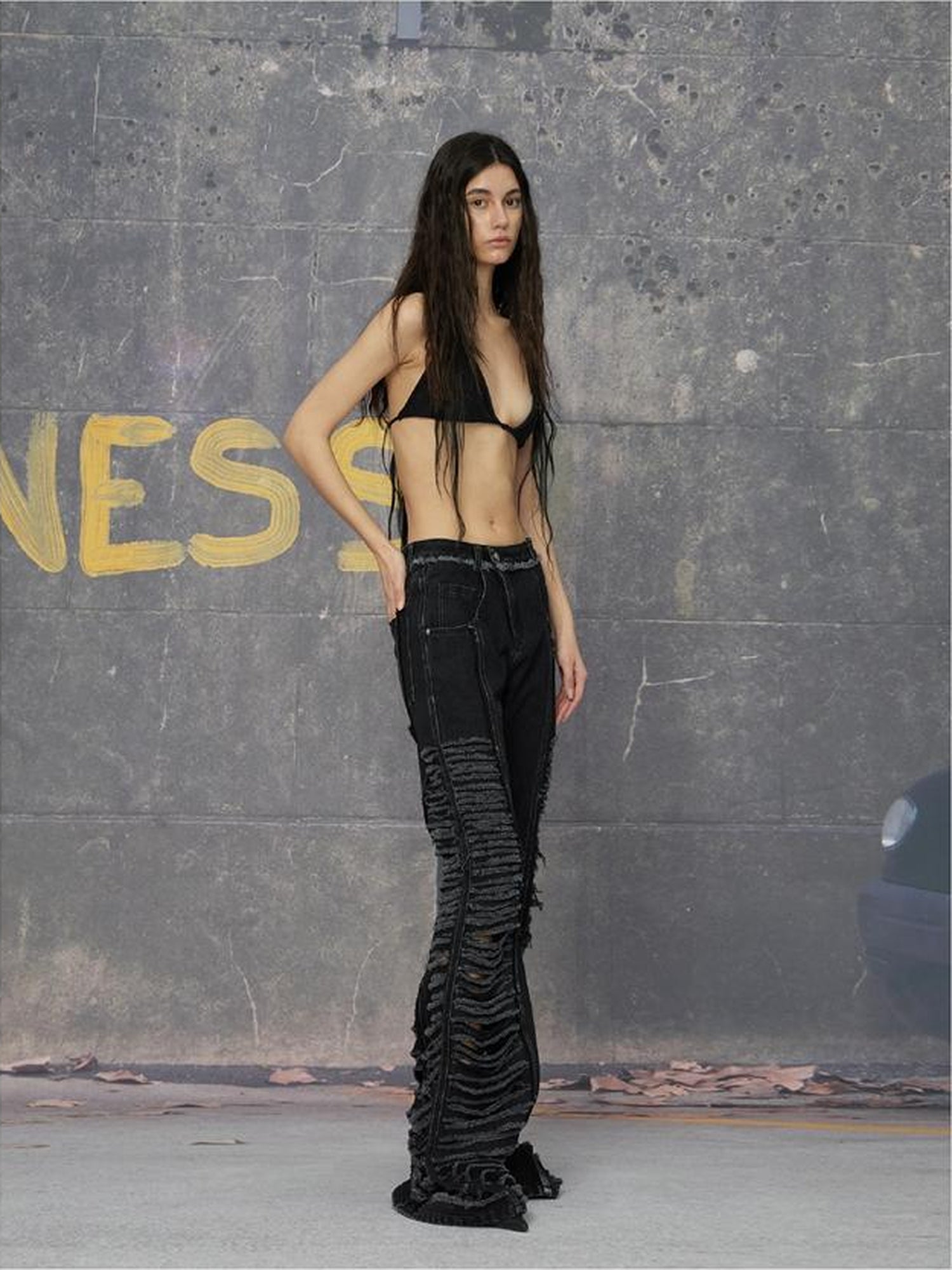 24ans Double Color Side Frayed Ripped Flared Denim Pants