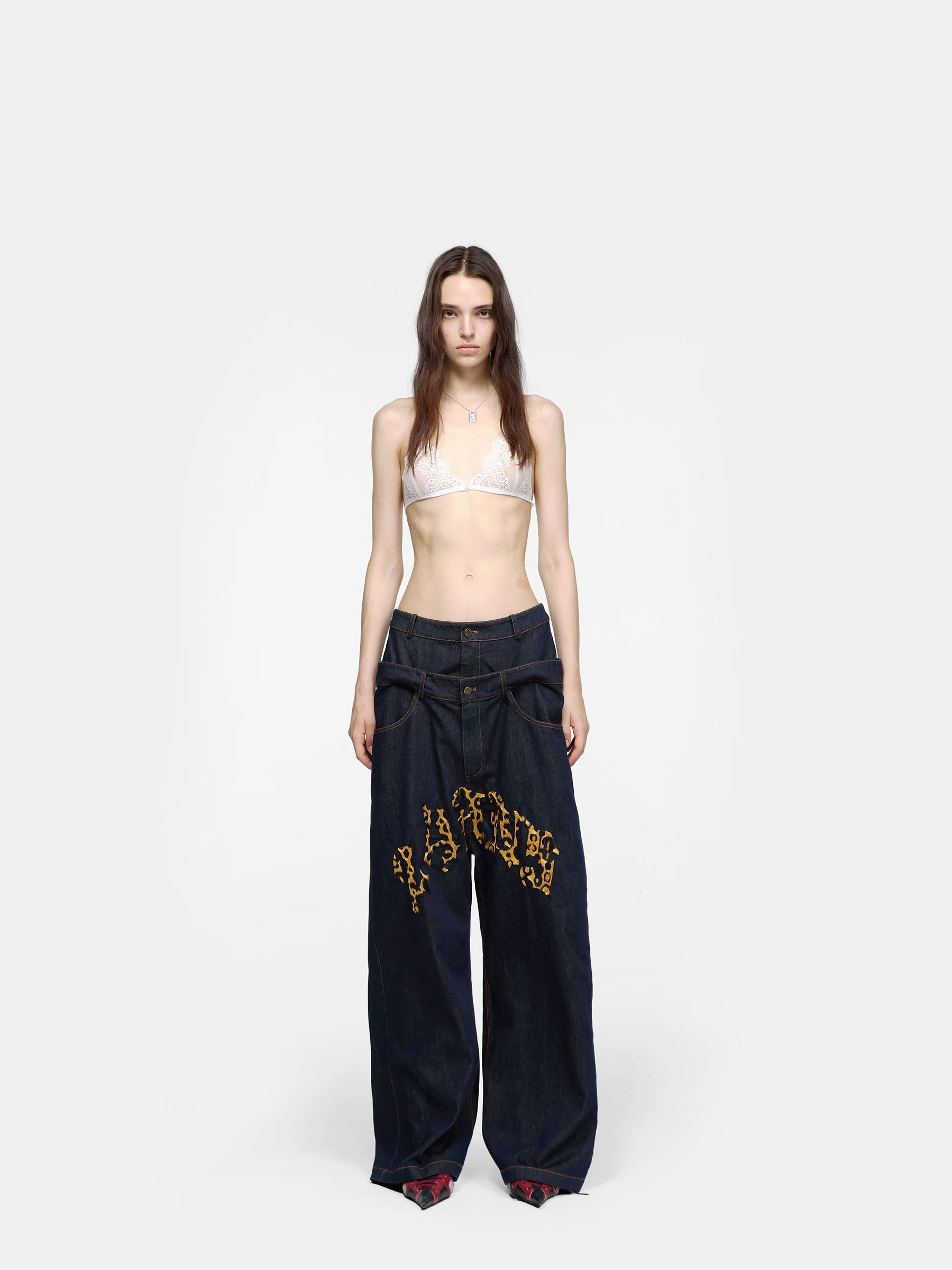 24ans Double Waist Drop Crotch Embroidered Jeans-1