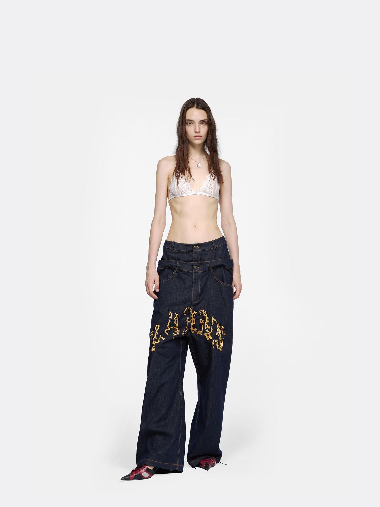 24ans Double Waist Drop Crotch Embroidered Jeans