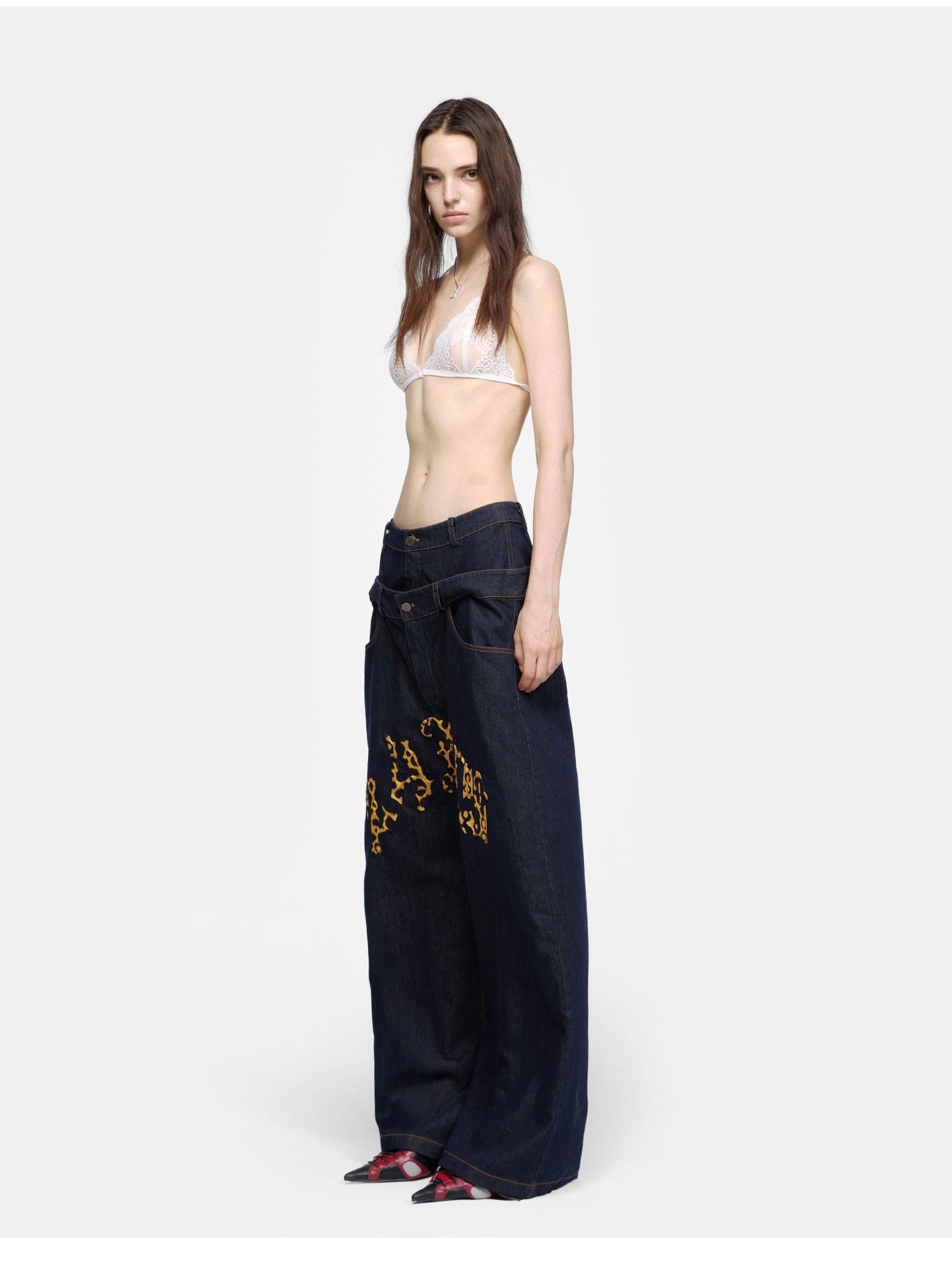 24ans Double Waist Drop Crotch Embroidered Jeans