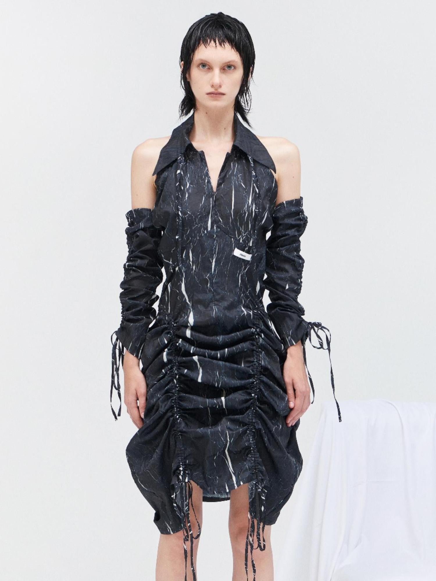 24ans Drawstring Texture Dress Ltd Edition  V-Neck T-Shirt Long Sleeve