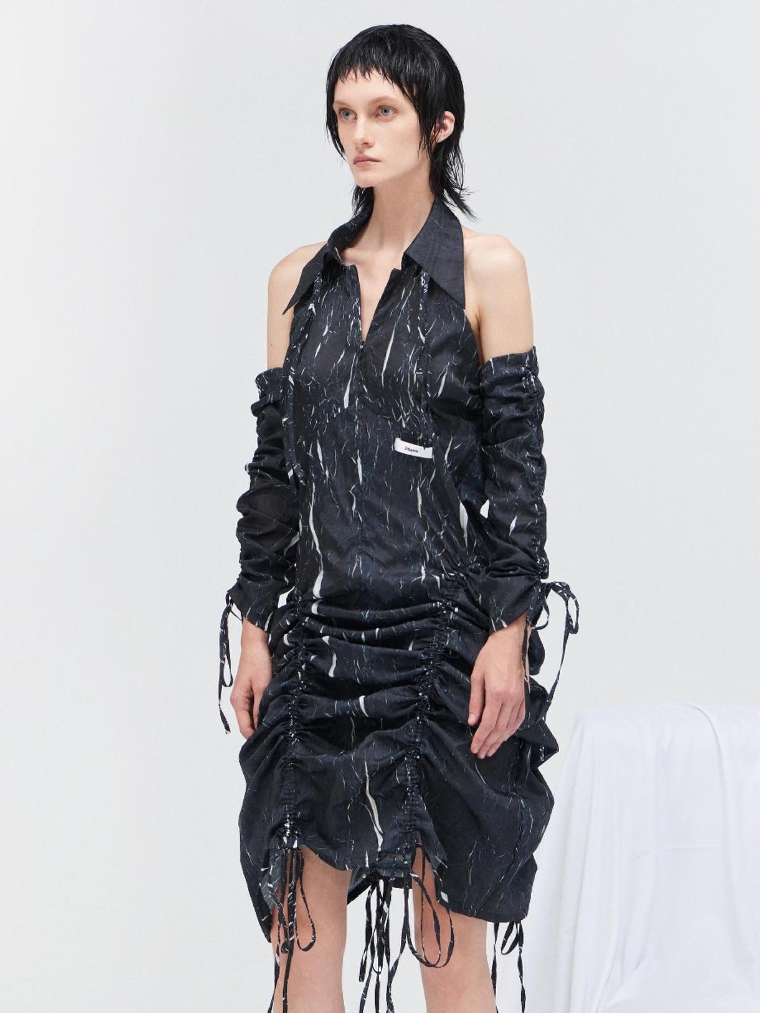 24ans Drawstring Texture Dress Ltd Edition  V-Neck T-Shirt Long Sleeve