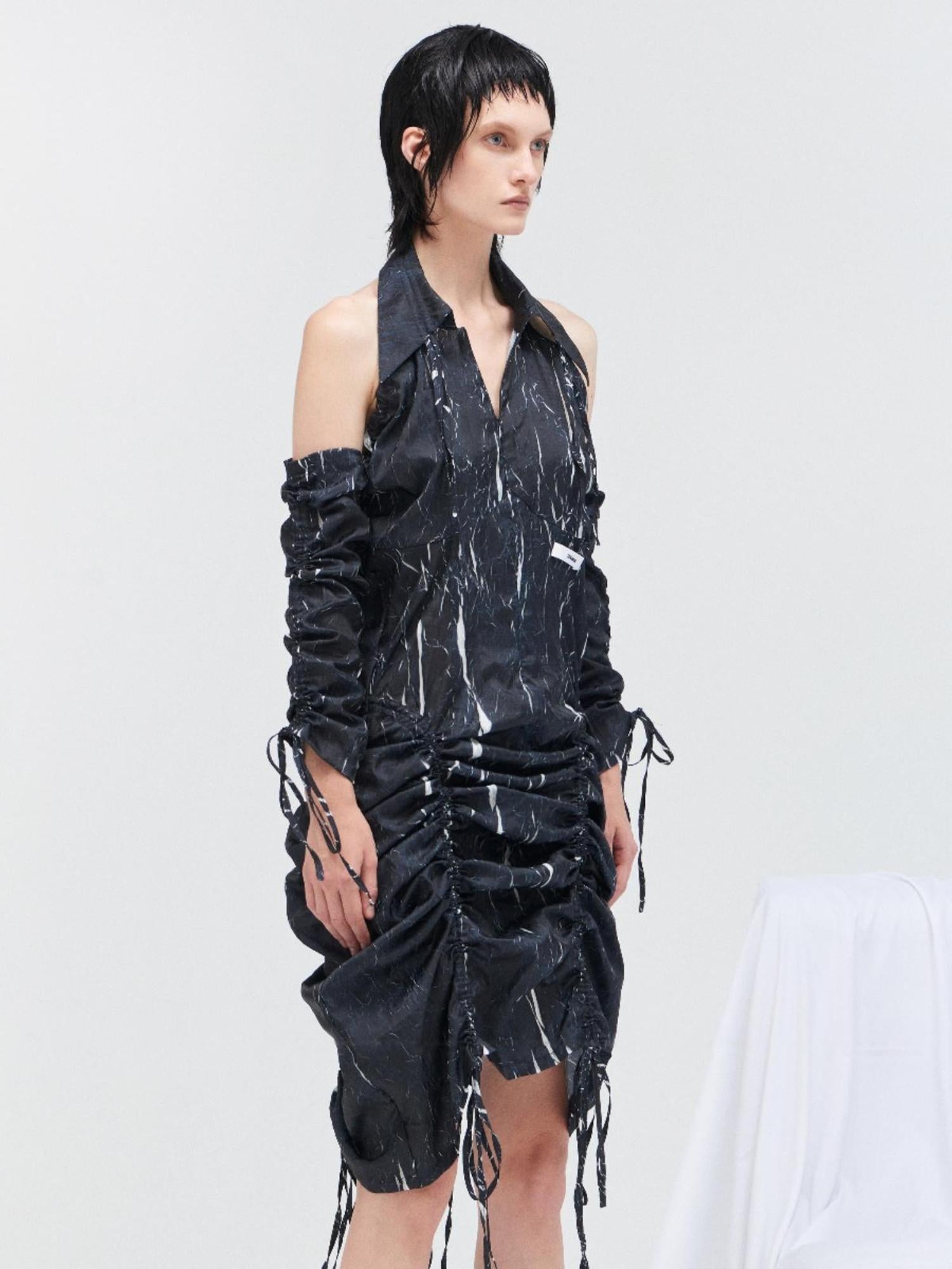 24ans Drawstring Texture Dress Ltd Edition V-Neck T-Shirt Long Sleeve