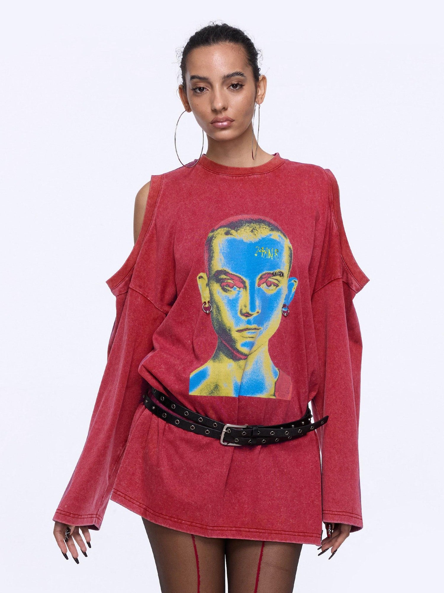 24ans Durable Cotton Blend Street Punk Graphic Loose Fit Unisex Red Black T-Shirt